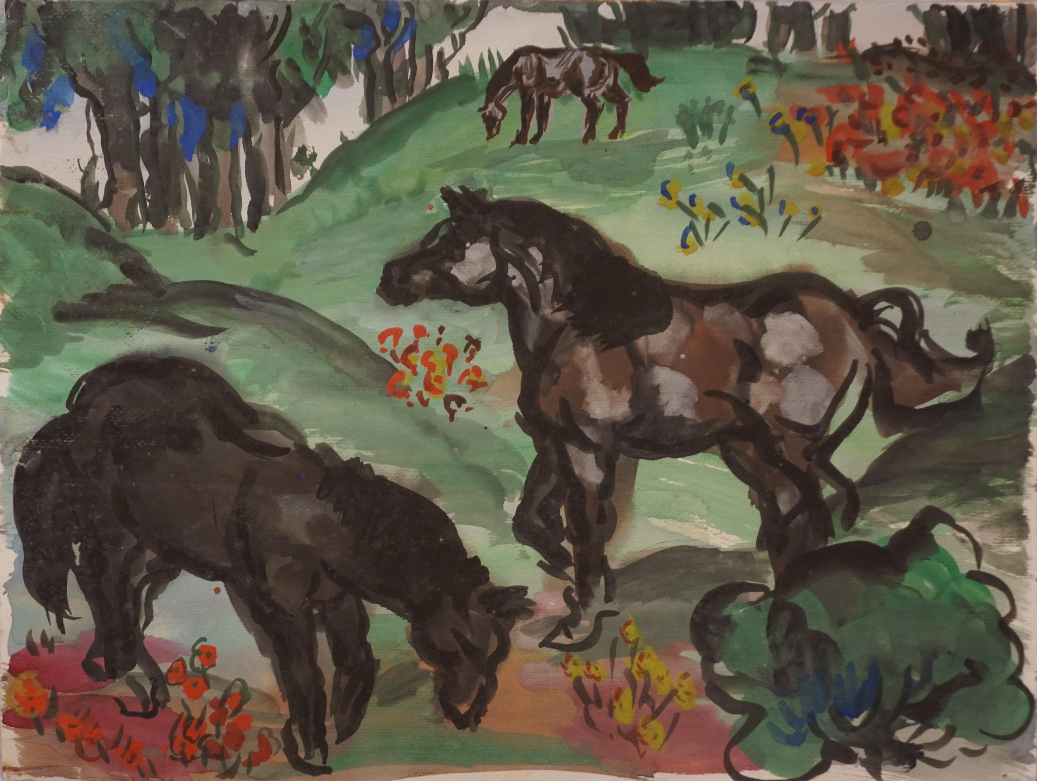 Art figuratif de l'après-guerre dans la région de la Baie – Aquarelle originale « Trois chevaux », signée