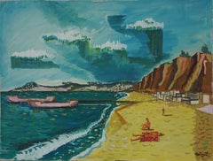 Post War Bay Area Figurative - Original Watercolor Painting "Beach Day" Signed