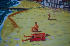 Post War Bay Area Figurative - Original Watercolor Painting "Beach Day" Signed