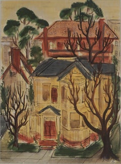 Post War Berkeley Hills Original Watercolor Painting of Victorian House, Signed
