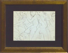 Un Rassemblement - Figurative Pencil Drawing of Gathering, Signed
