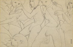 Un Rassemblement - Figurative Pencil Drawing of Gathering, Signed