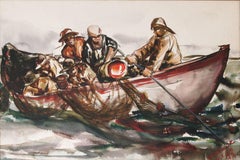 1940s Netting the Catch Watercolor, Signed Fisherman Scene, Framed