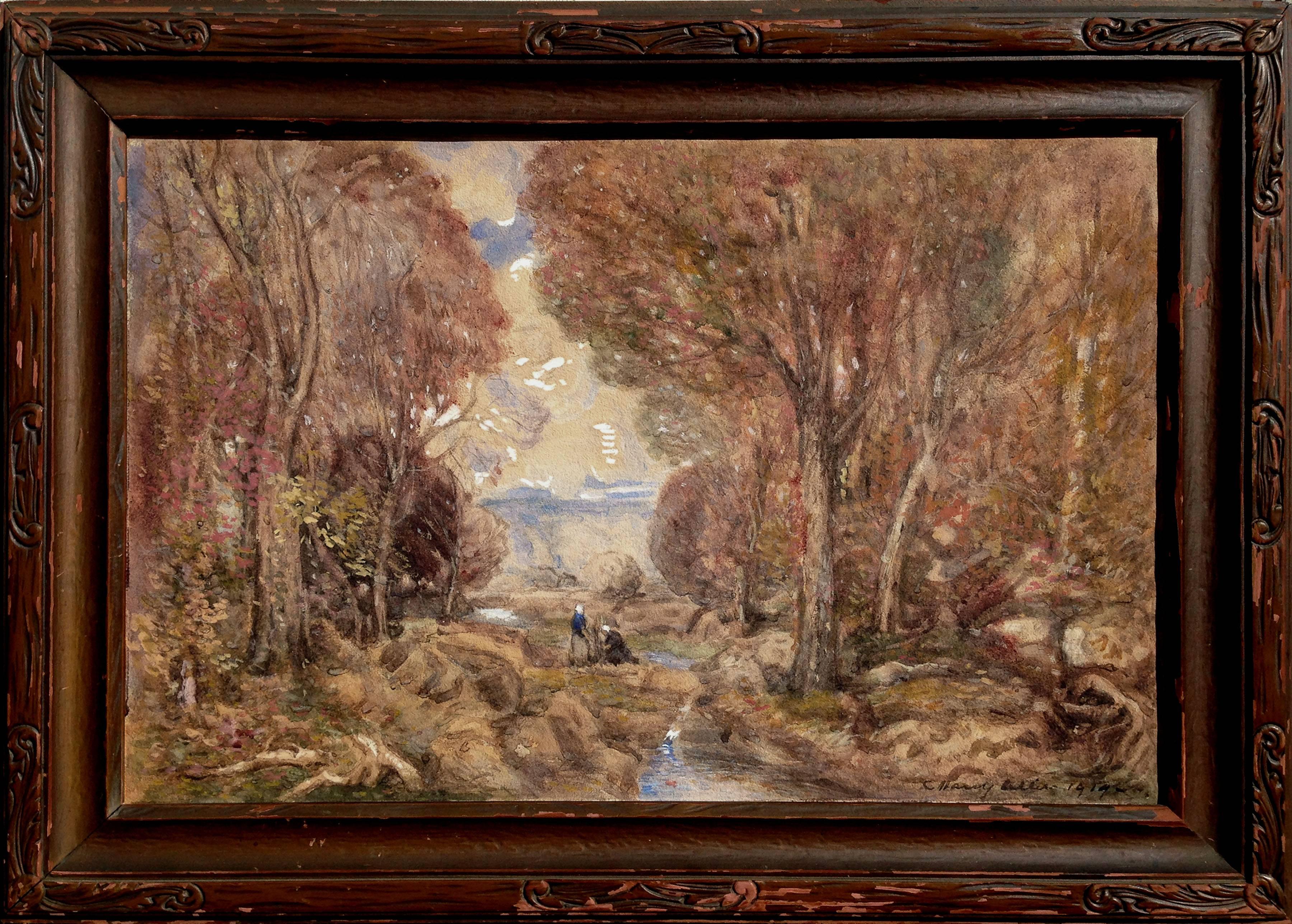Fontainebleau Forest Watercolor Landscape, Signed, 1919, 21.5x29.5