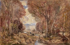 Paisaje en acuarela del bosque de Fontainebleau, firmado, 1919, 21,5 x 29,5