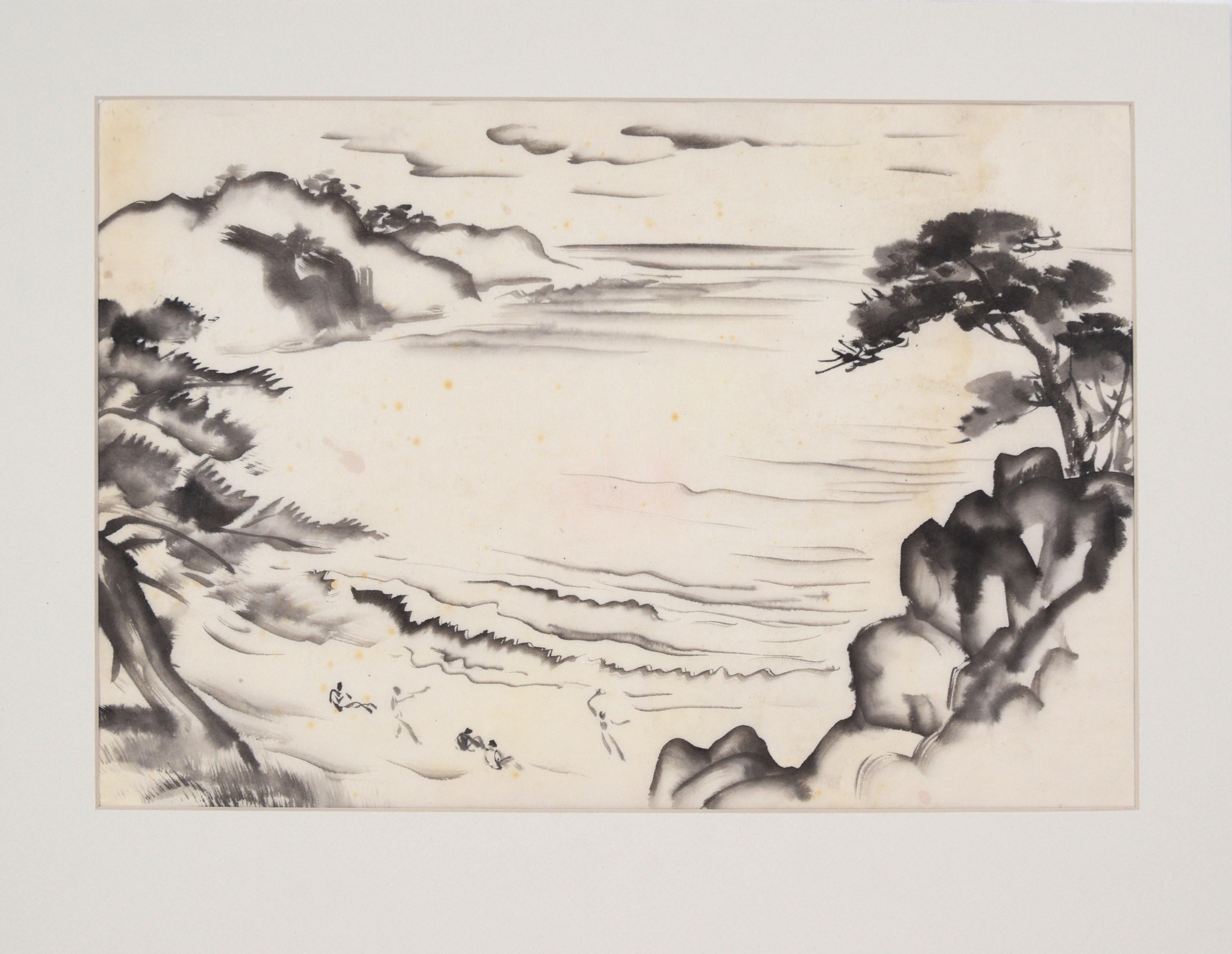 Paysage côtier californien – Peinture originale à l'encre de Chine avec personnages, signée