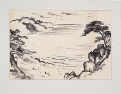Paisaje costero de California: pintura original en tinta diluida con figuras, firmada