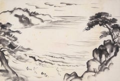 California Coastal Landscape- Original Ink Wash Painting with Figures, Signed