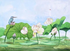 Bird on Water Lilies, Watercolor on Paper, Signed, 20th Century by David Wang