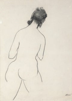 Mid Century Figurative Charcoal Line Drawing, "Girl Walking Away"