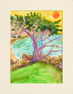 Purple Cypress Tree: Coastal Fauvist Vertical Landscape in Pastel and Watercolor