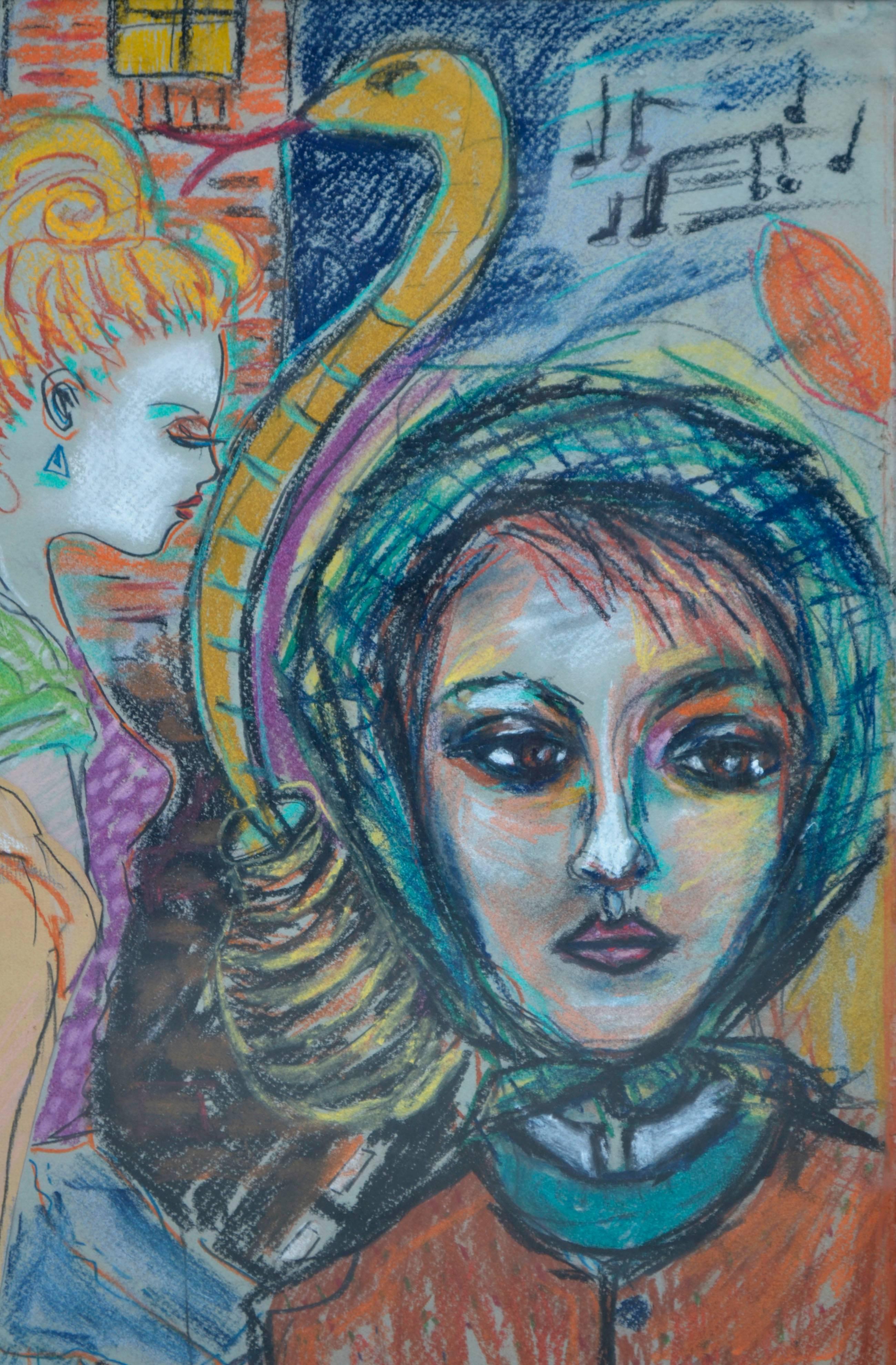Farbe, Musik, Mode, Ruhm, Netzstrümpfe, Sport, Partyszene und Allegorie - alles Elemente der 1980er Jahre - sind in diesem Pastellbild des Künstlers Zoa Ace (Amerikaner, 20. Jahrhundert) aus Denver eingefangen. Signiert und datiert vom Künstler in