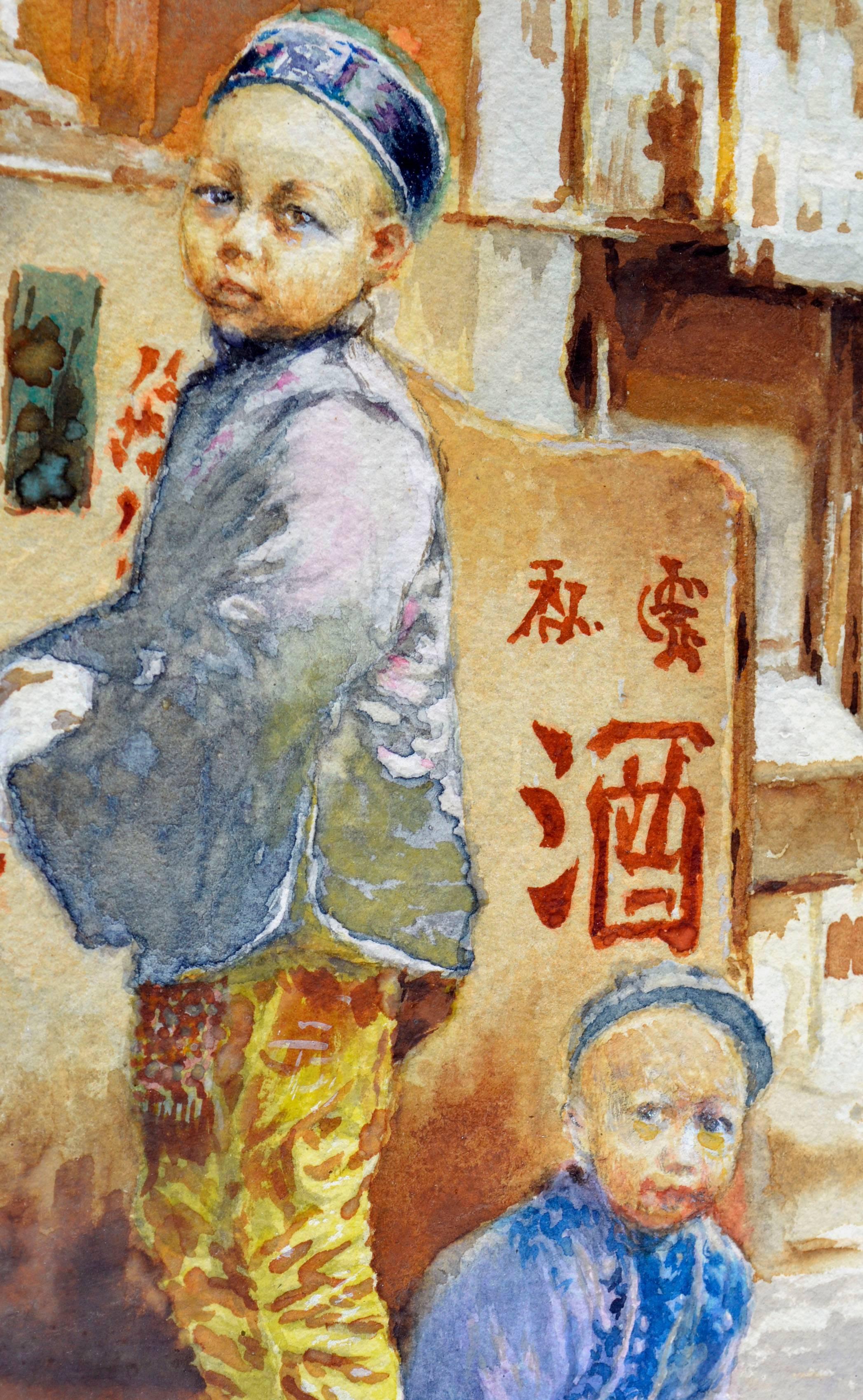 China Town San Francisco 1896 - Acquerello su carta - Figurative Art Marrone di Theodore Ernest Langguth