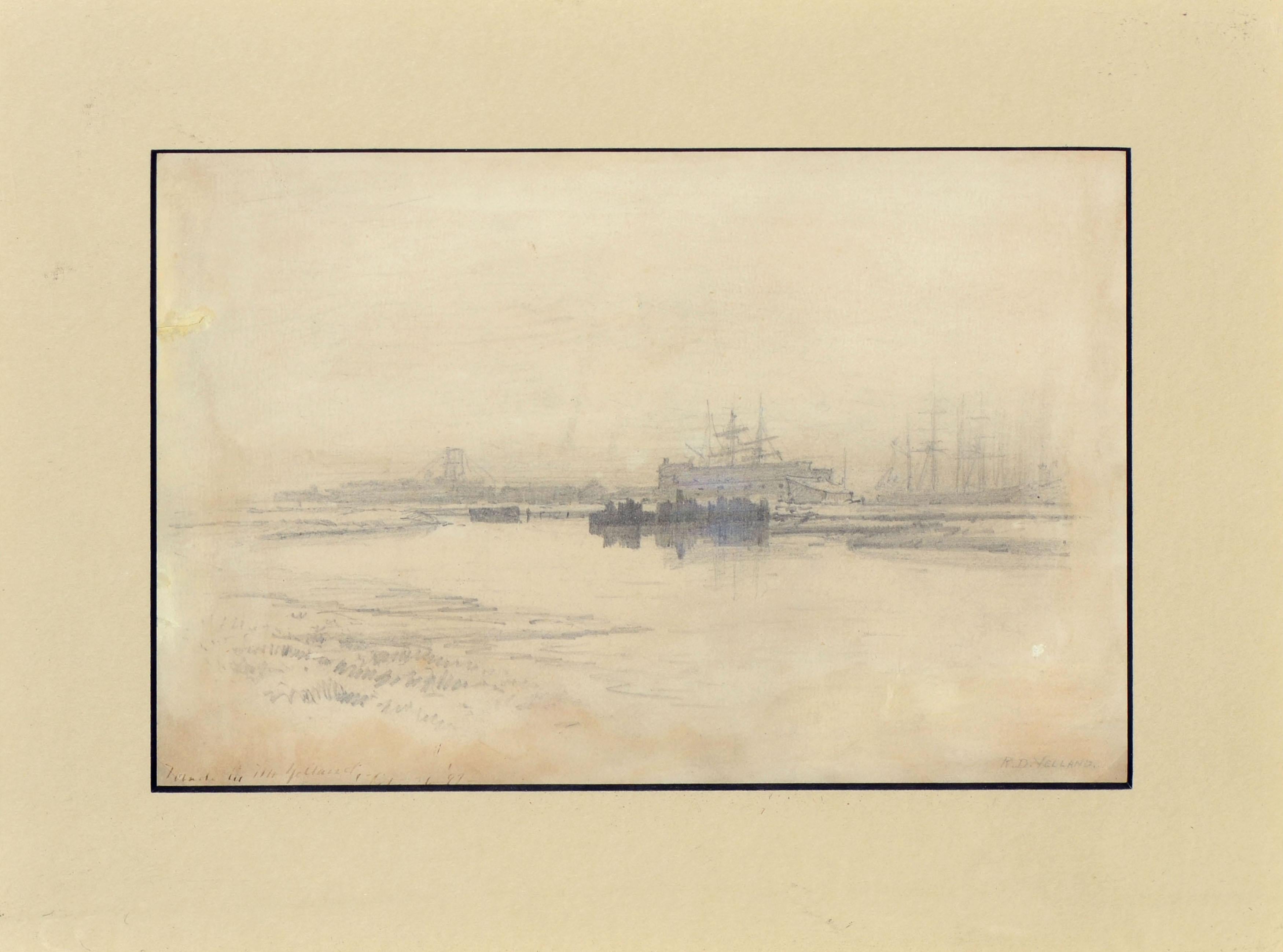 Late 19th Century Boats at San Francisco Port Seascape Drawing - Art by Raymond Dabb Yelland