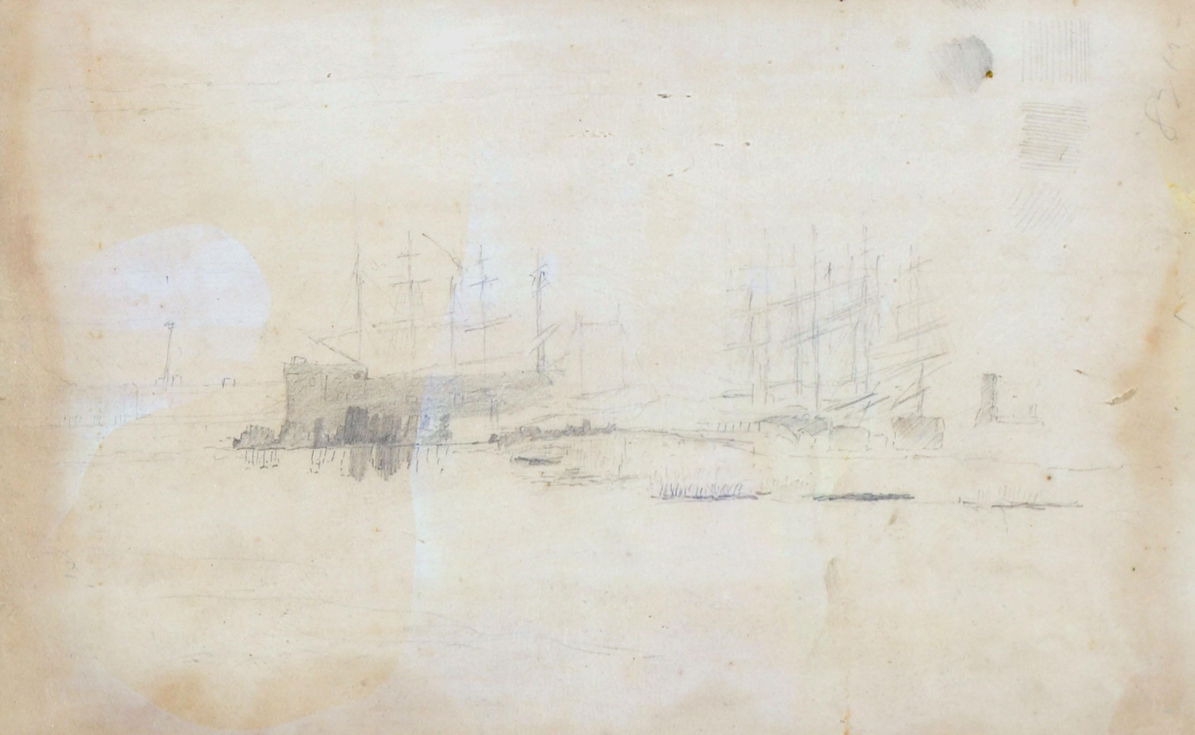 Late 19th Century Boats at San Francisco Port Seascape Drawing - American Impressionist Art by Raymond Dabb Yelland