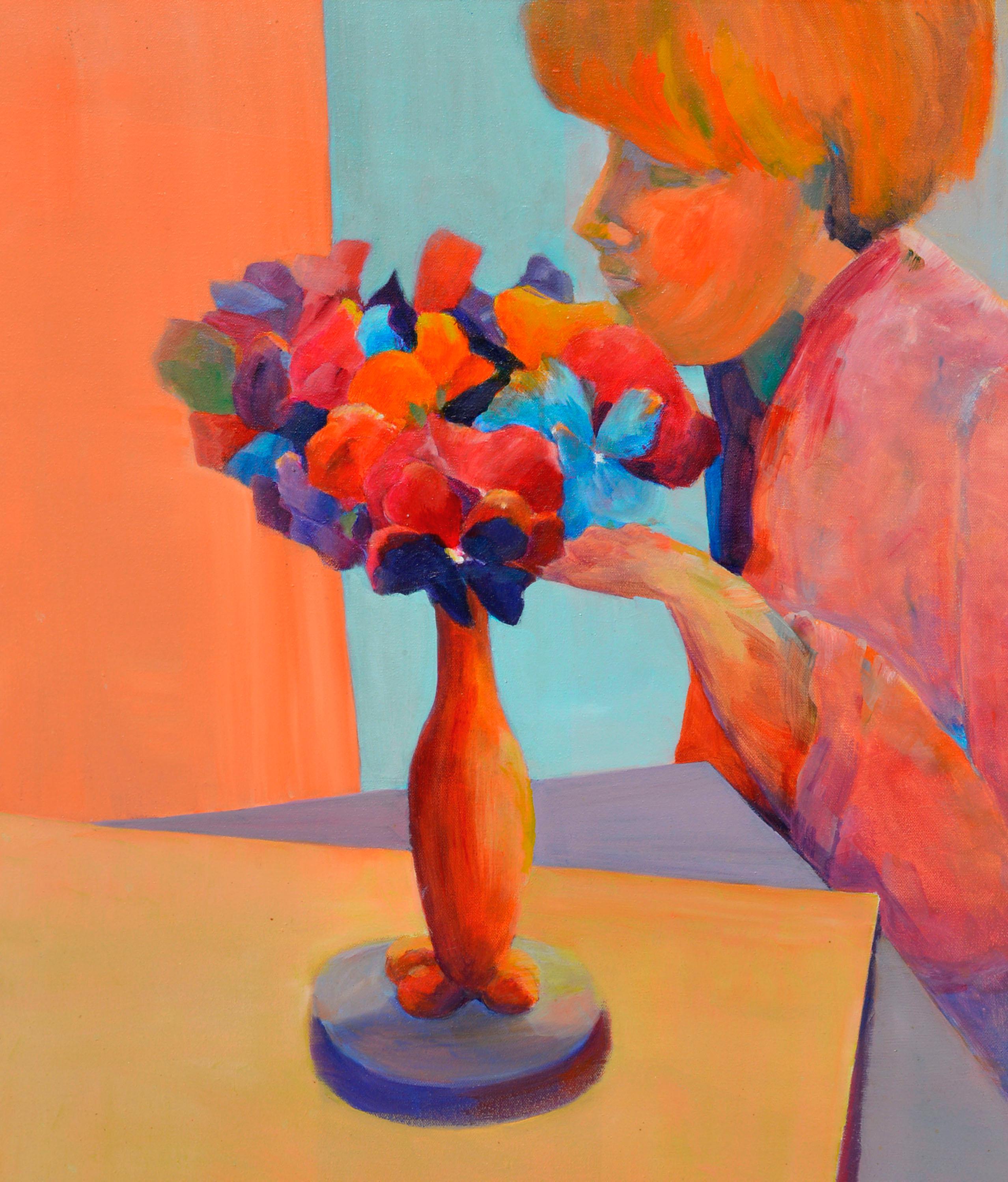 Fauvistische Figur mit Blumen  – Painting von Unknown