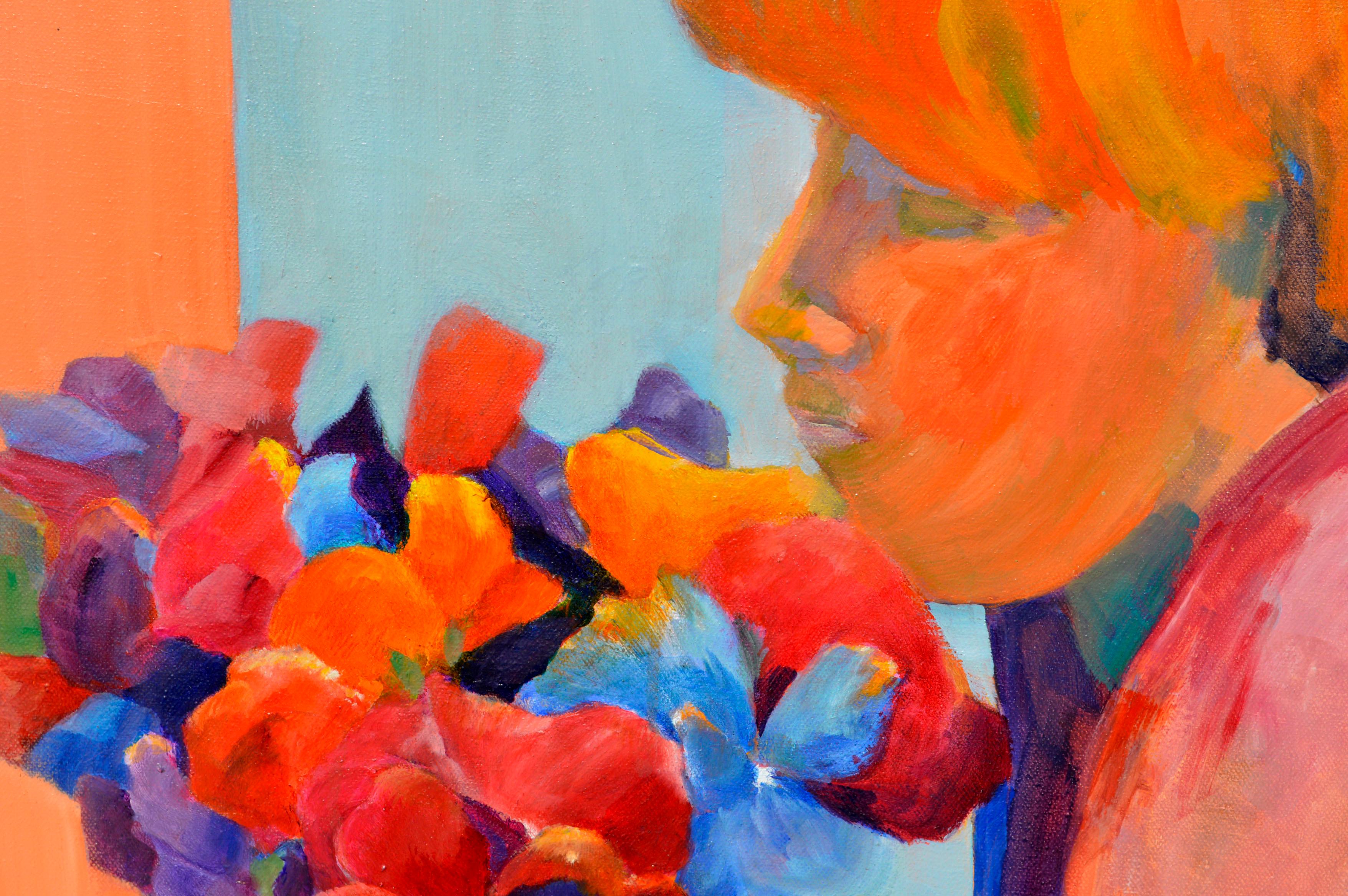 Figure fauviste avec fleurs  - Orange Still-Life Painting par Unknown