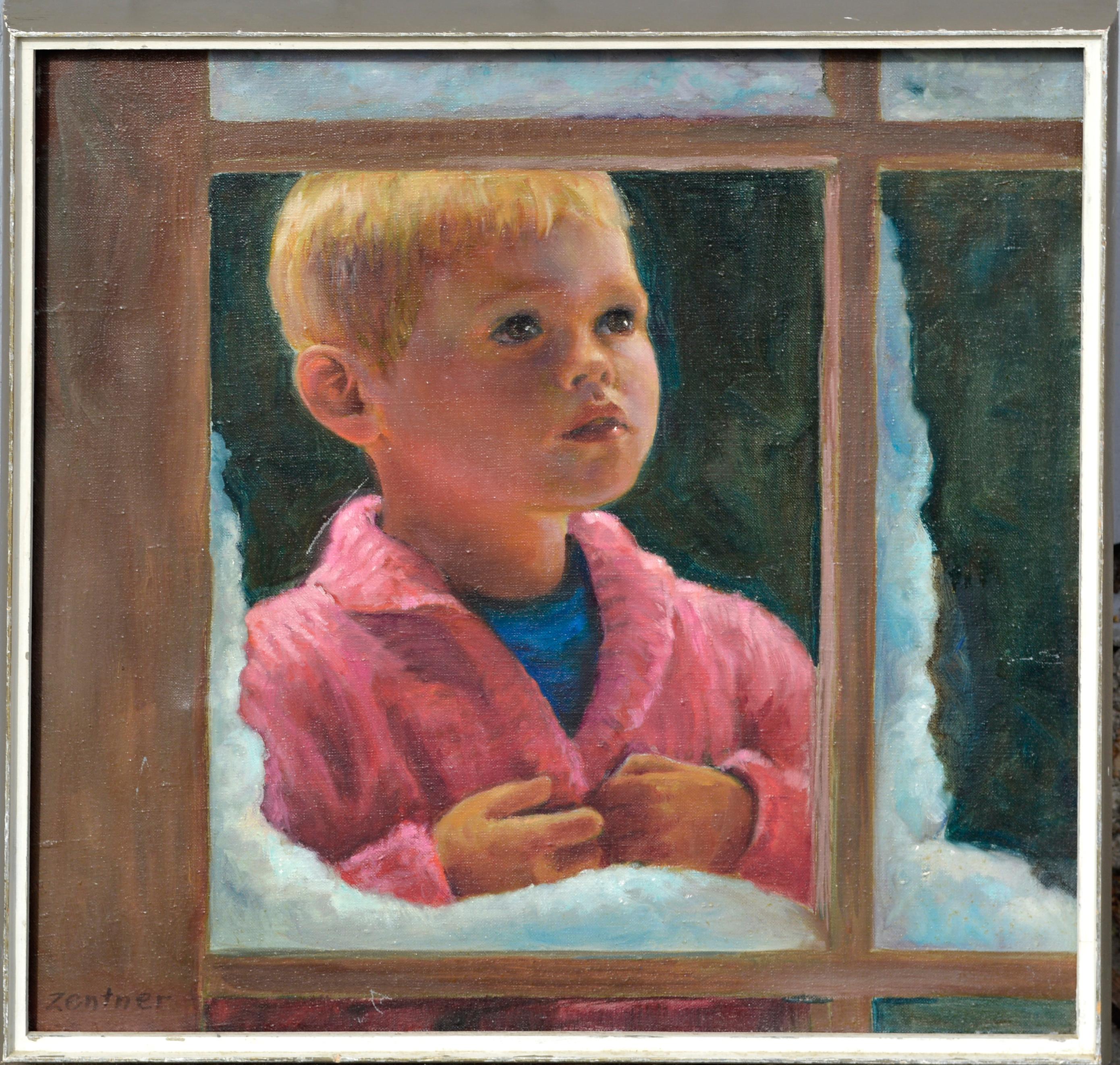 Veon Zentner Portrait Painting – ""Ich sehe einen Robin"" - Porträt eines Jungen im Winter 