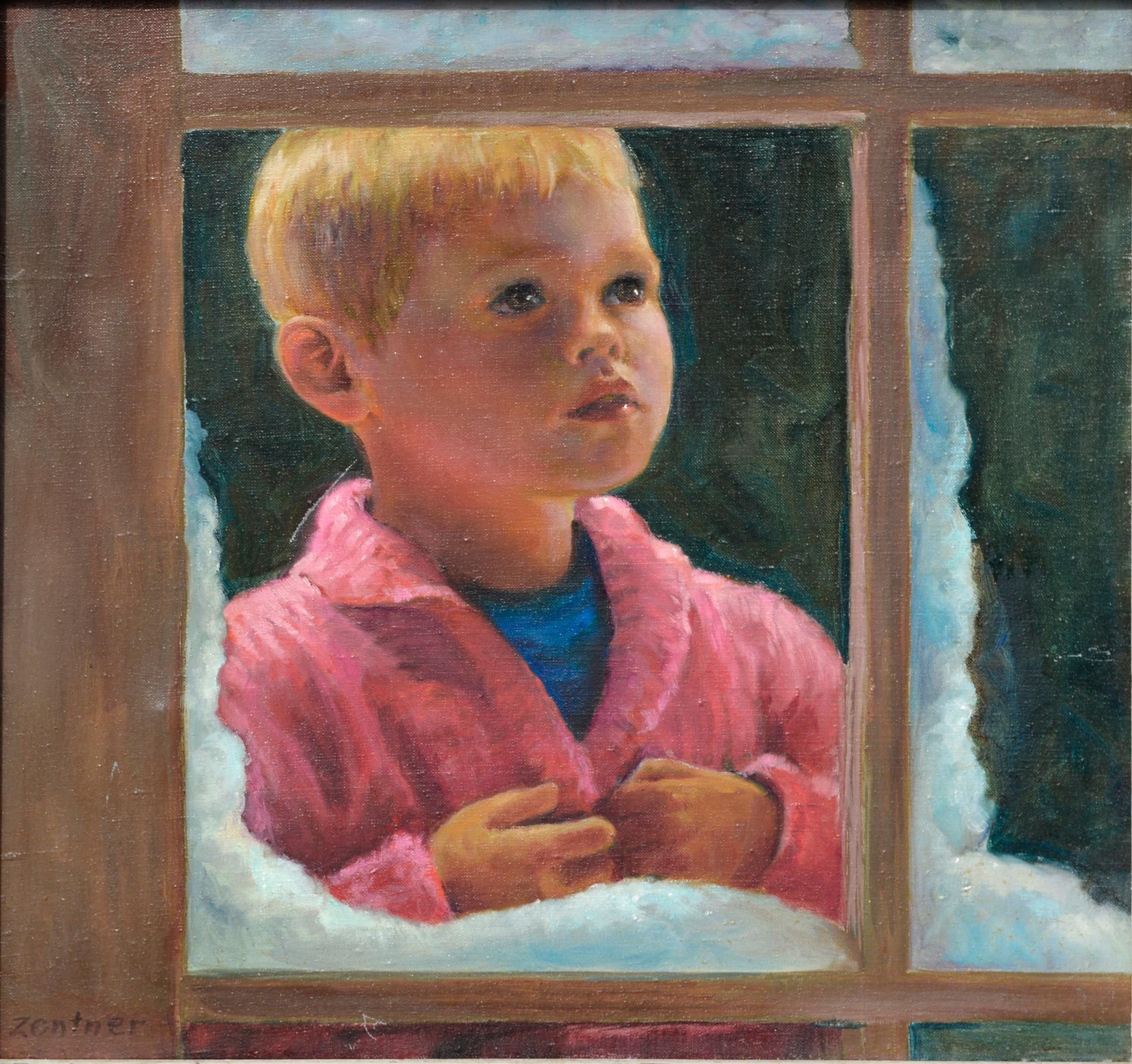 « I See a Robin » (Je vois un Robin) - Portrait d'un garçon en hiver  - Painting de Veon Zentner