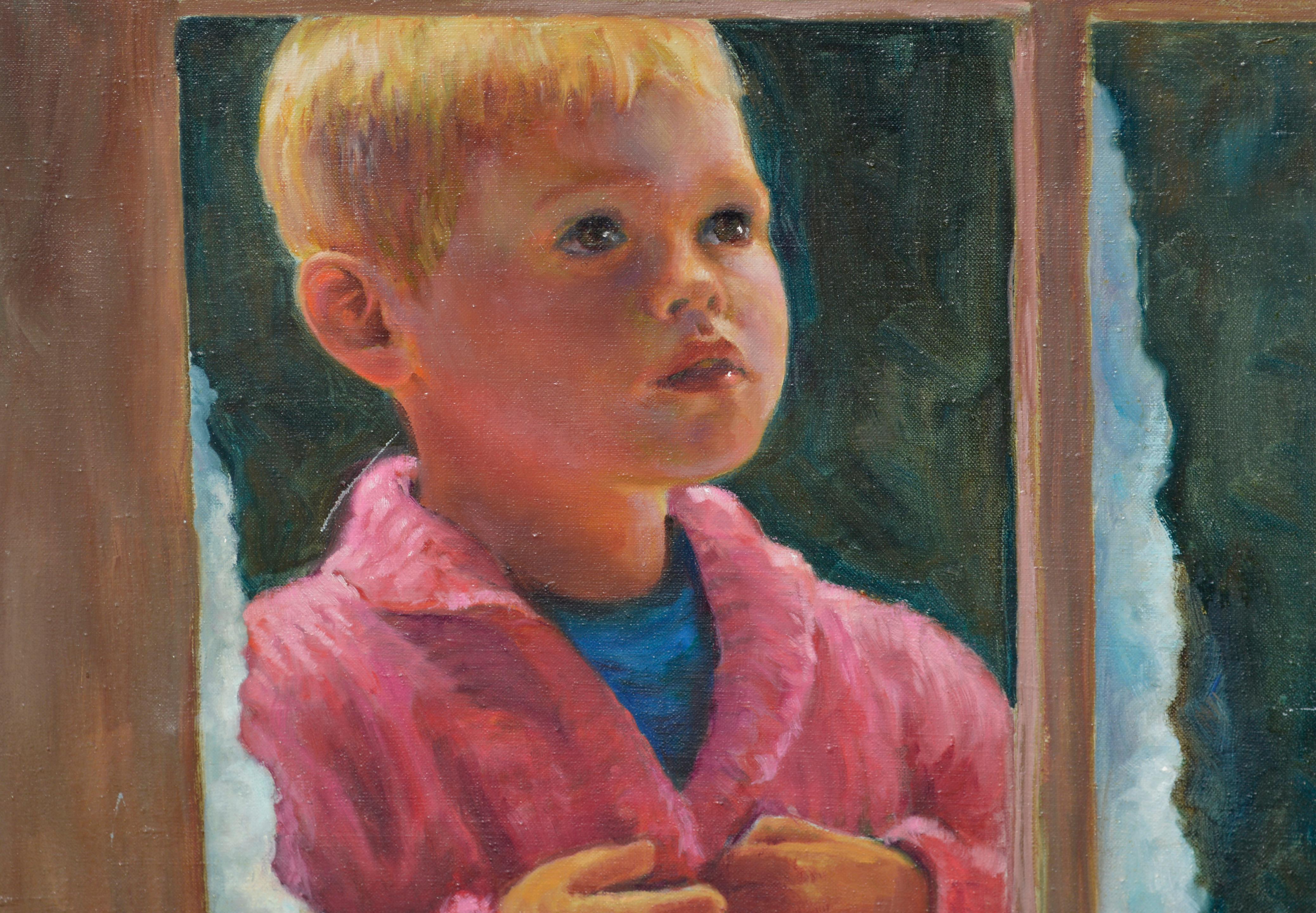 « I See a Robin » (Je vois un Robin) - Portrait d'un garçon en hiver  - Impressionnisme américain Painting par Veon Zentner