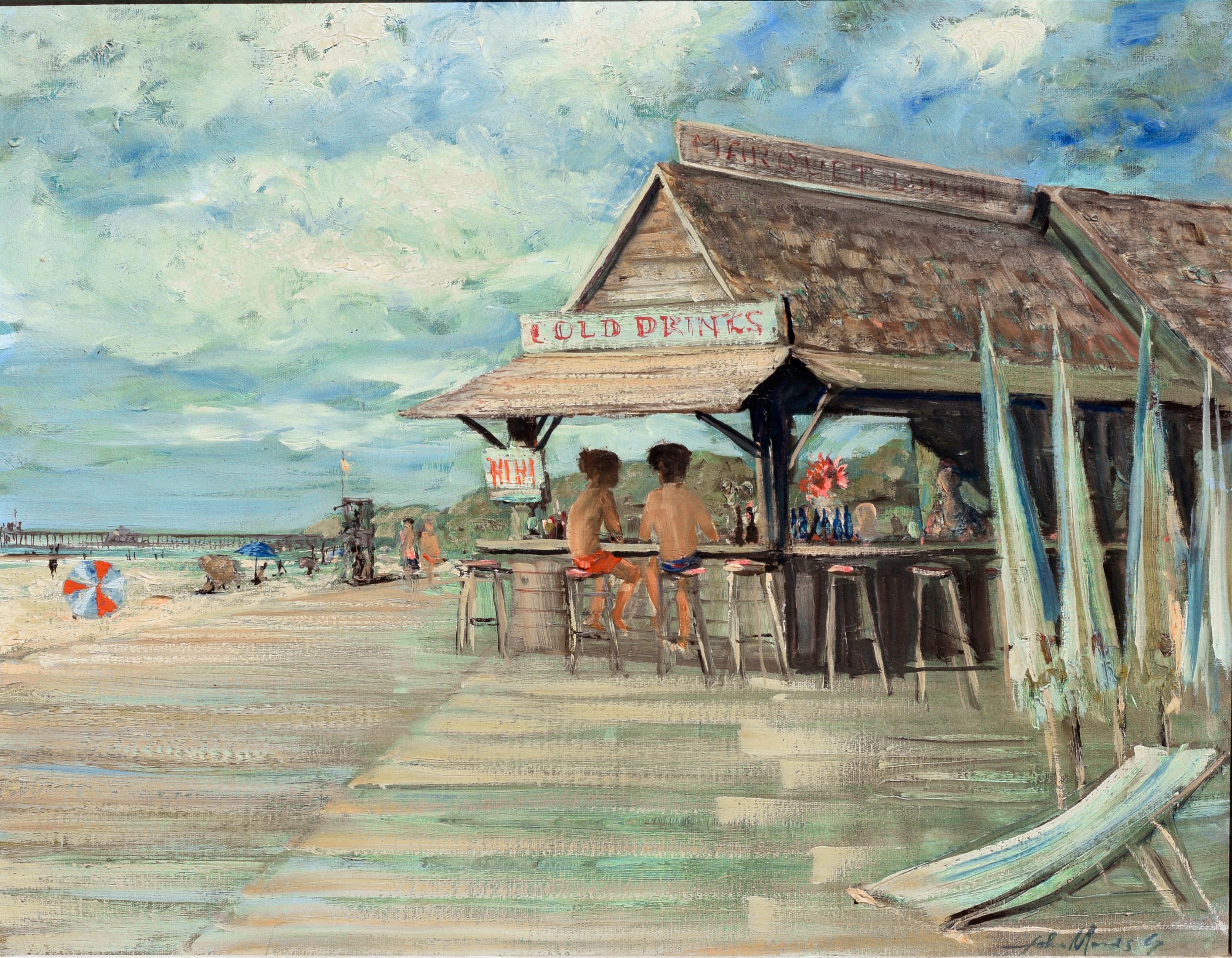 Laguna Beach Lunch Hut - Figurative Landscape  - Painting by John Morris
