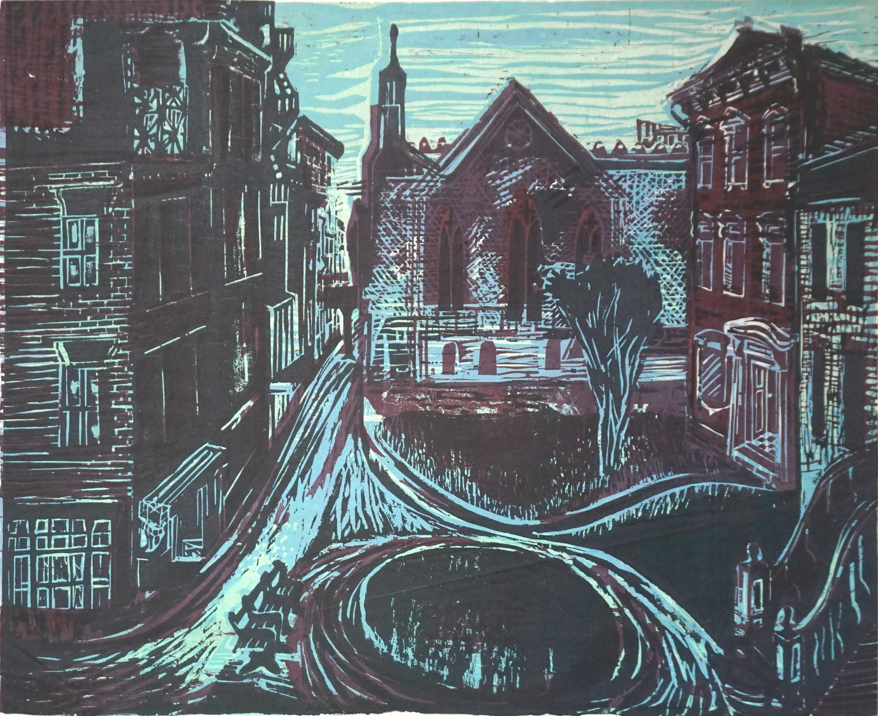 Nachtaufgang-Holzschnitt, 1939 – Print von Ruth Chaney
