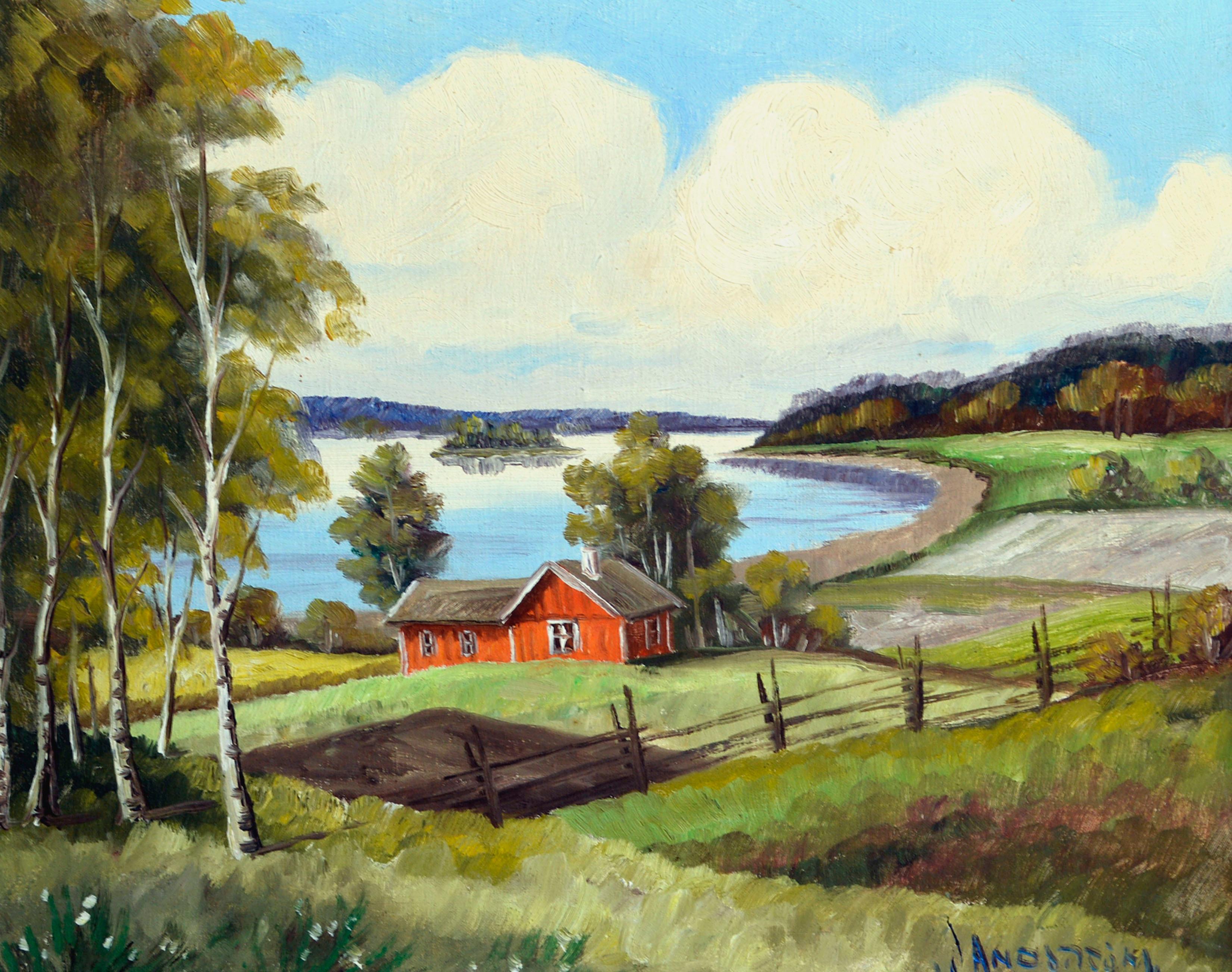 Mid Century River & Farm Landscape - Painting by J. Anderson