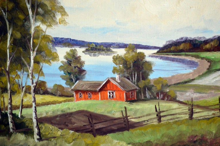 A pastoral mid-century landscape with a red farmhouse on the banks of a beautiful river valley by J. Anderson (American, 20th Century). Presented in a rustic wooden frame. Signed indistinctly 