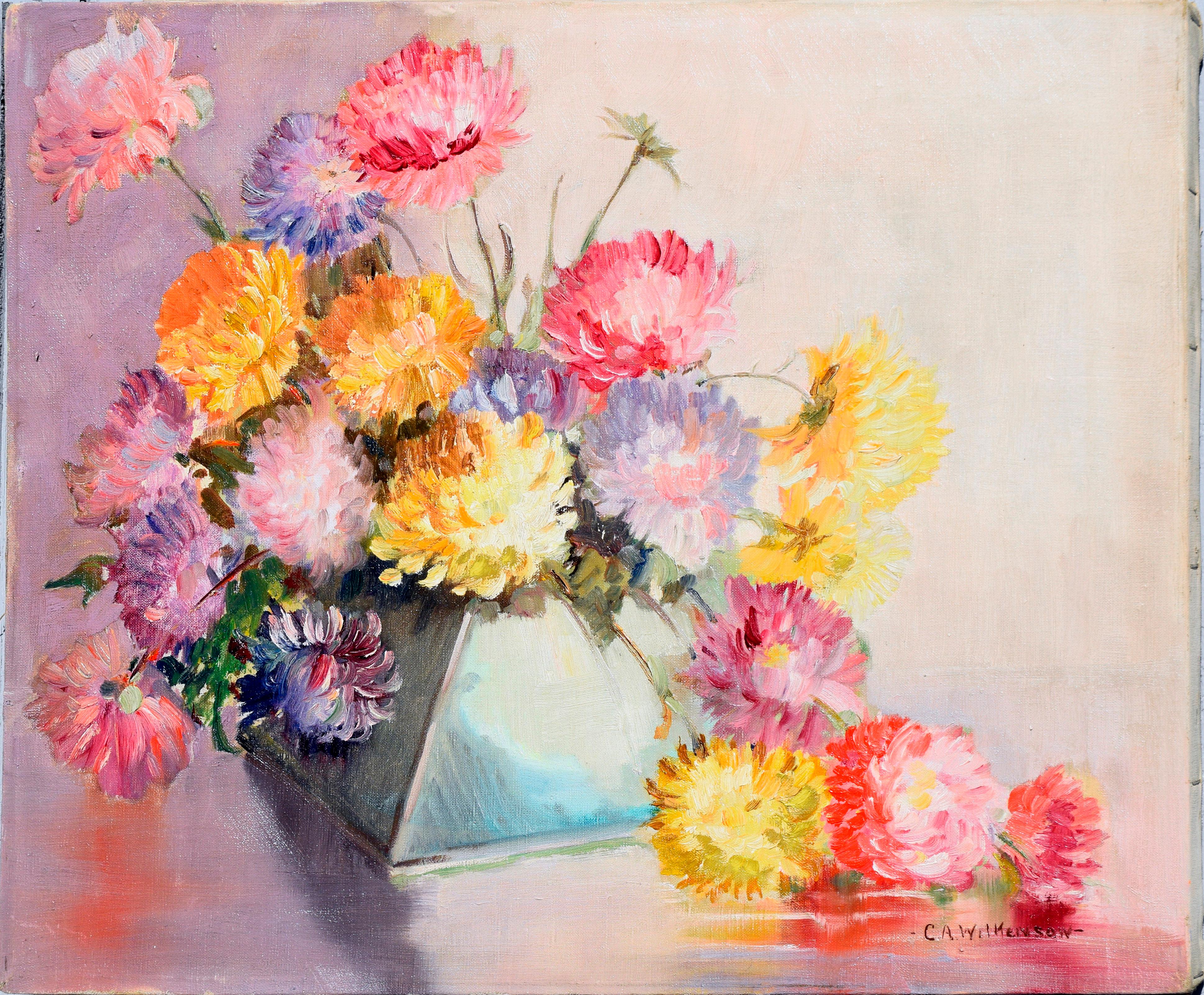 Mid Century Chrysanthemums in Deco Vase Still-Life - Painting by C.A. Wilkenson