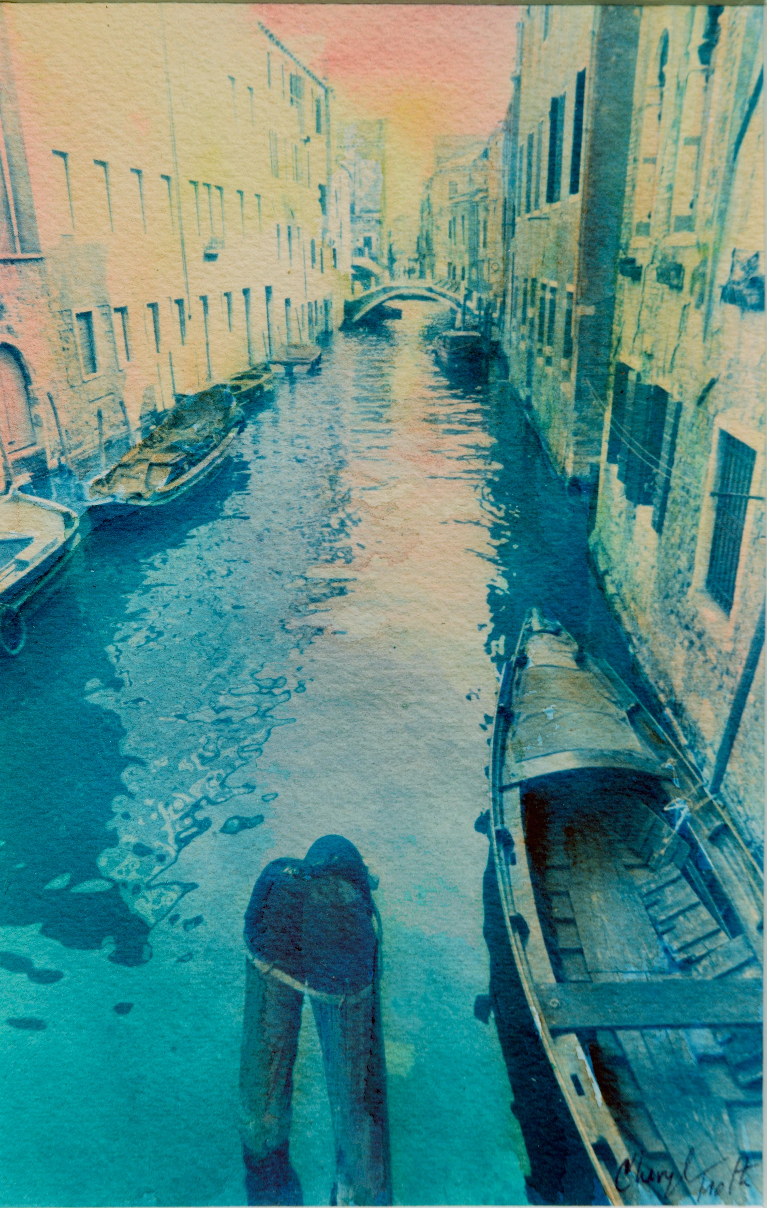 Paysage fluvial de Venise Cyanotype/Watercolor  - Réalisme Art par Cheryl Trotter