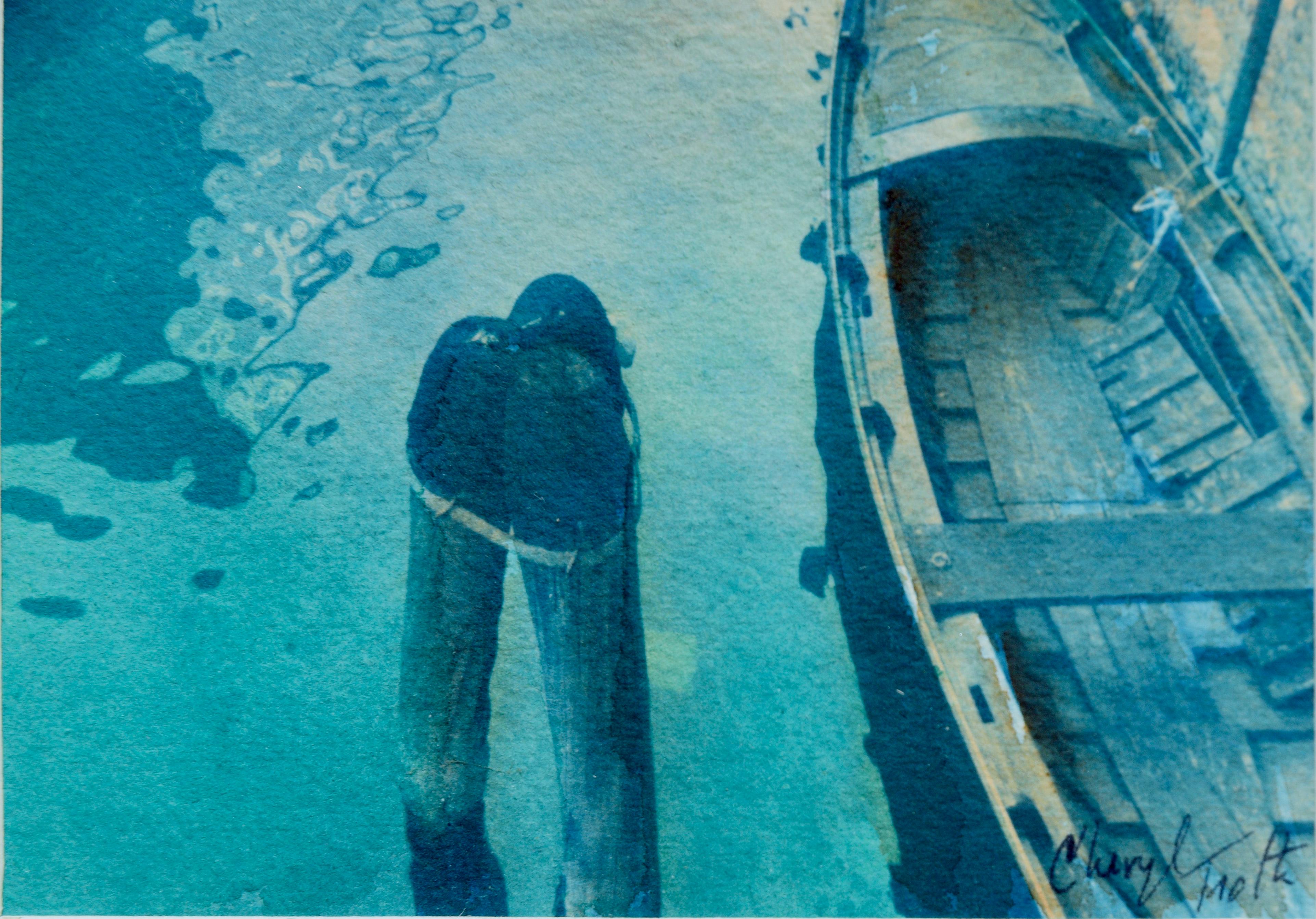 Paysage fluvial de Venise Cyanotype/Watercolor  - Beige Landscape Art par Cheryl Trotter