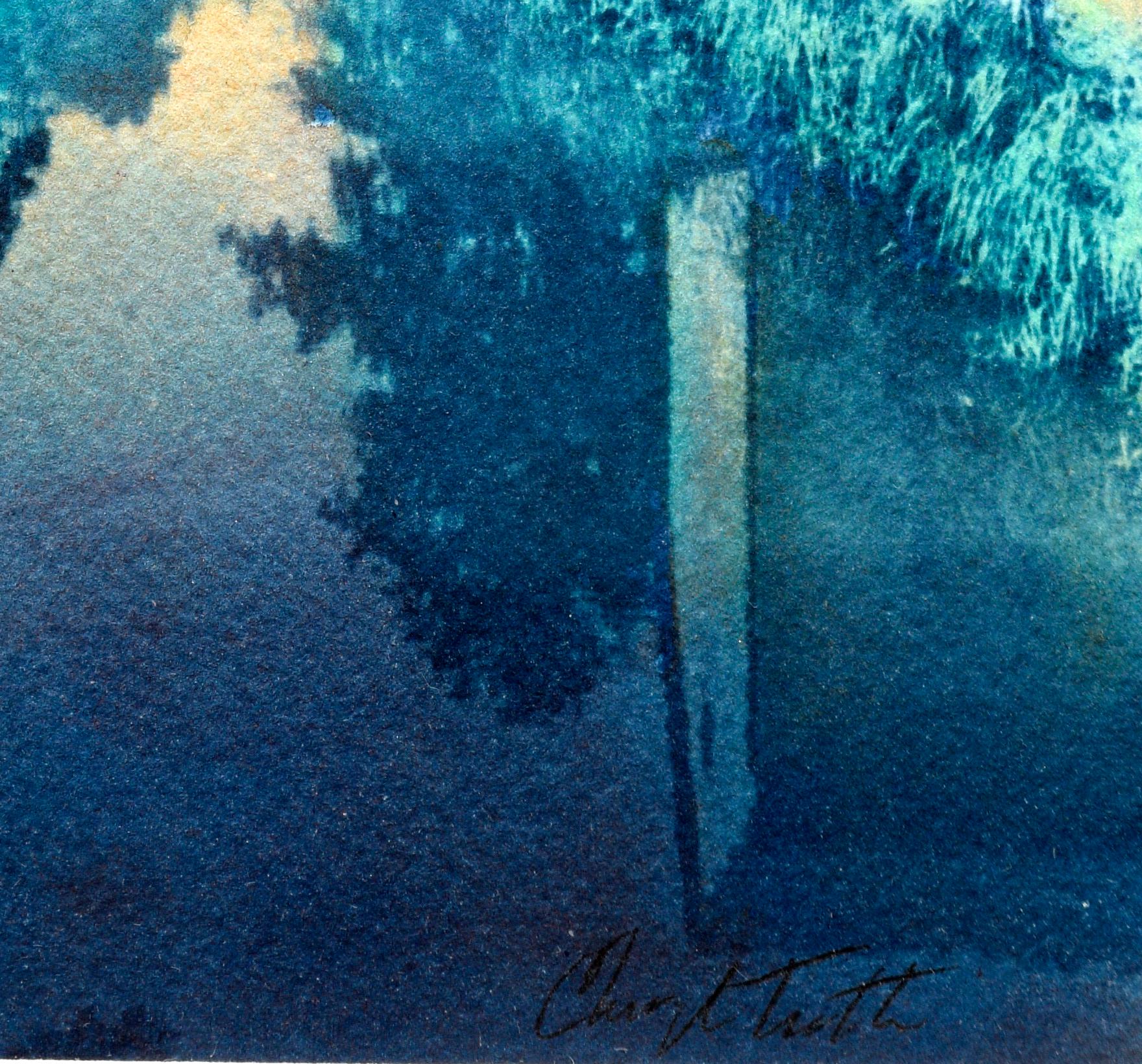 Italian Countryside Landscape Cyanotype / Watercolor - Expressionist Mixed Media Art by Cheryl Trotter