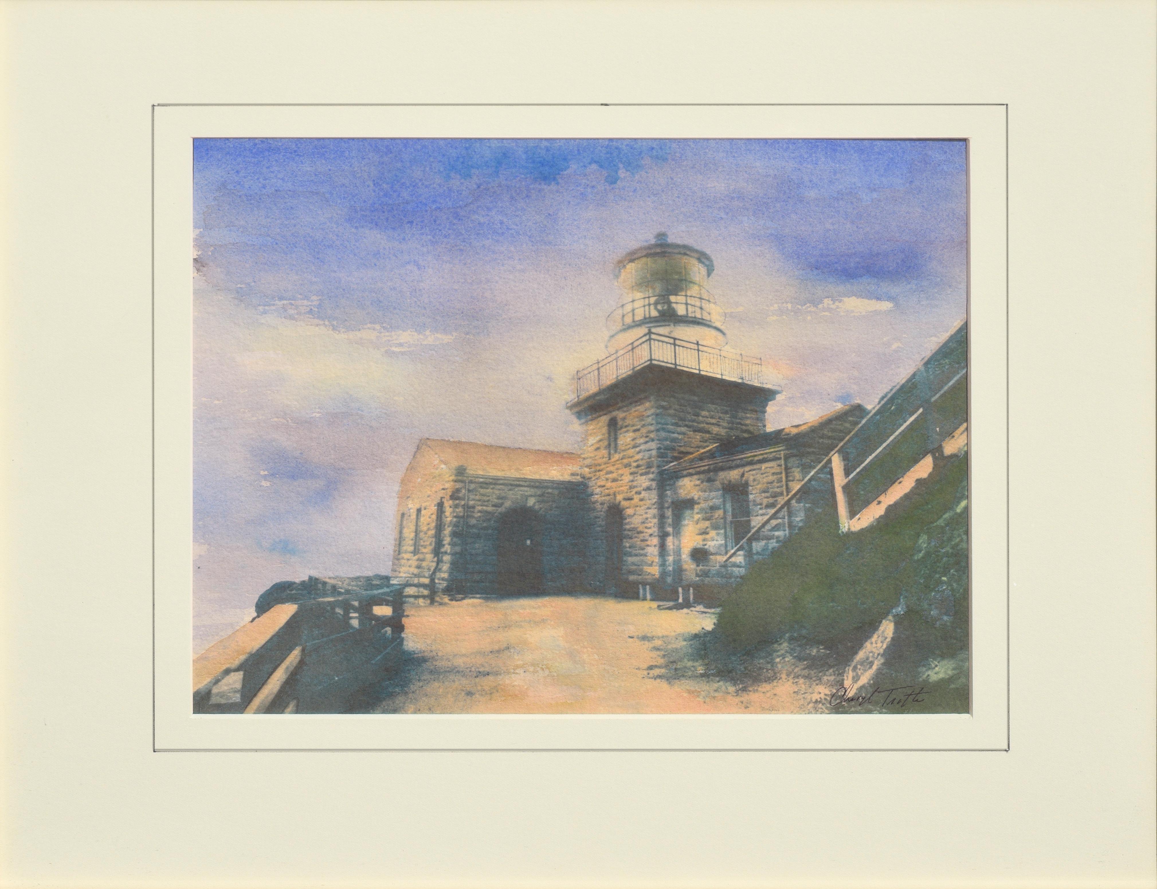 Point Sur Light House, Big Sur, California - Cyanotype / Watercolor Landscape  - Photograph by Cheryl Trotter