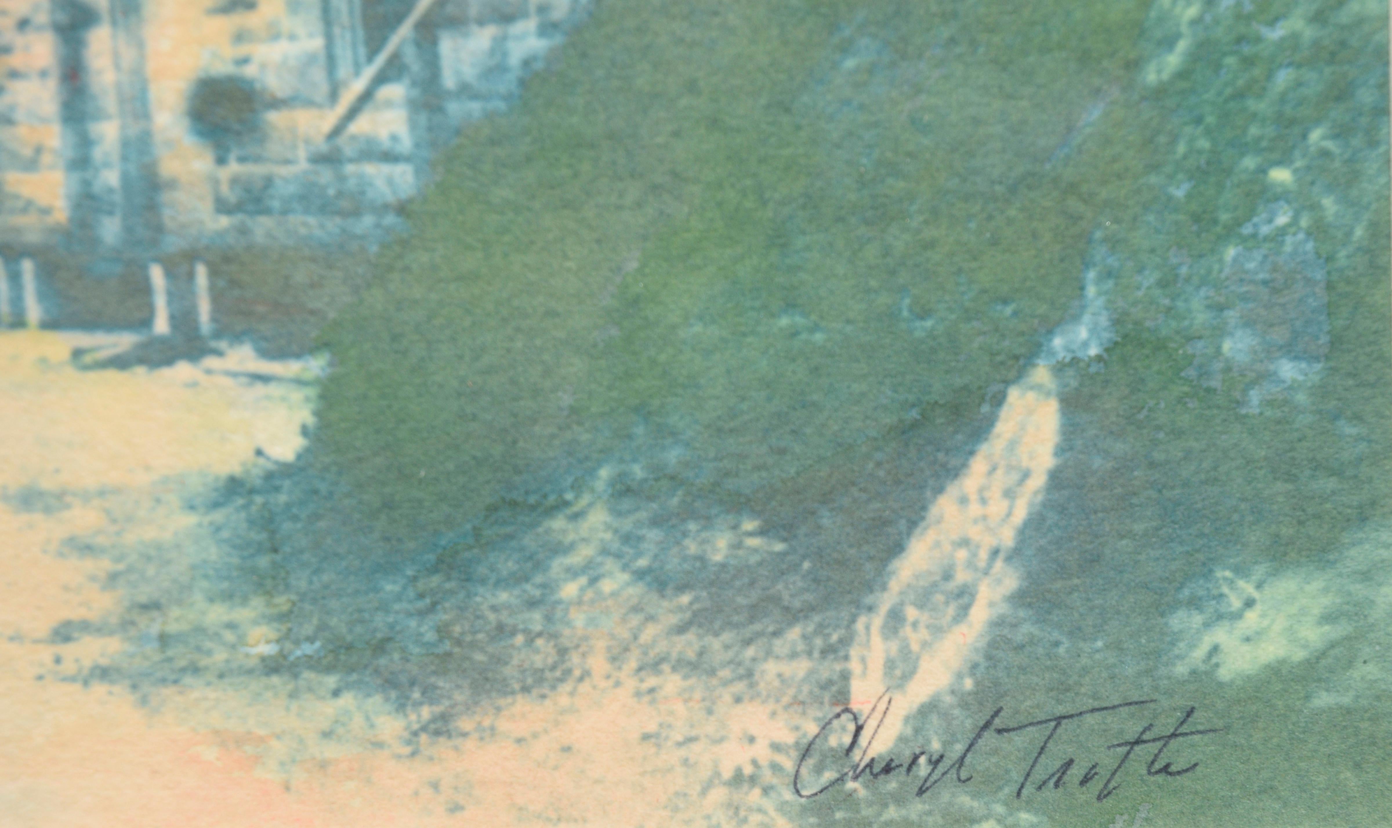 De doux accents d'aquarelle ajoutent à la beauté de ce paysage unique de cyanotype et d'aquarelle du phare de Point Sur à Big Sur, en Californie, par Cheryl Trotter (américaine, 20e siècle). Circa années 80. Signé en bas à droite 