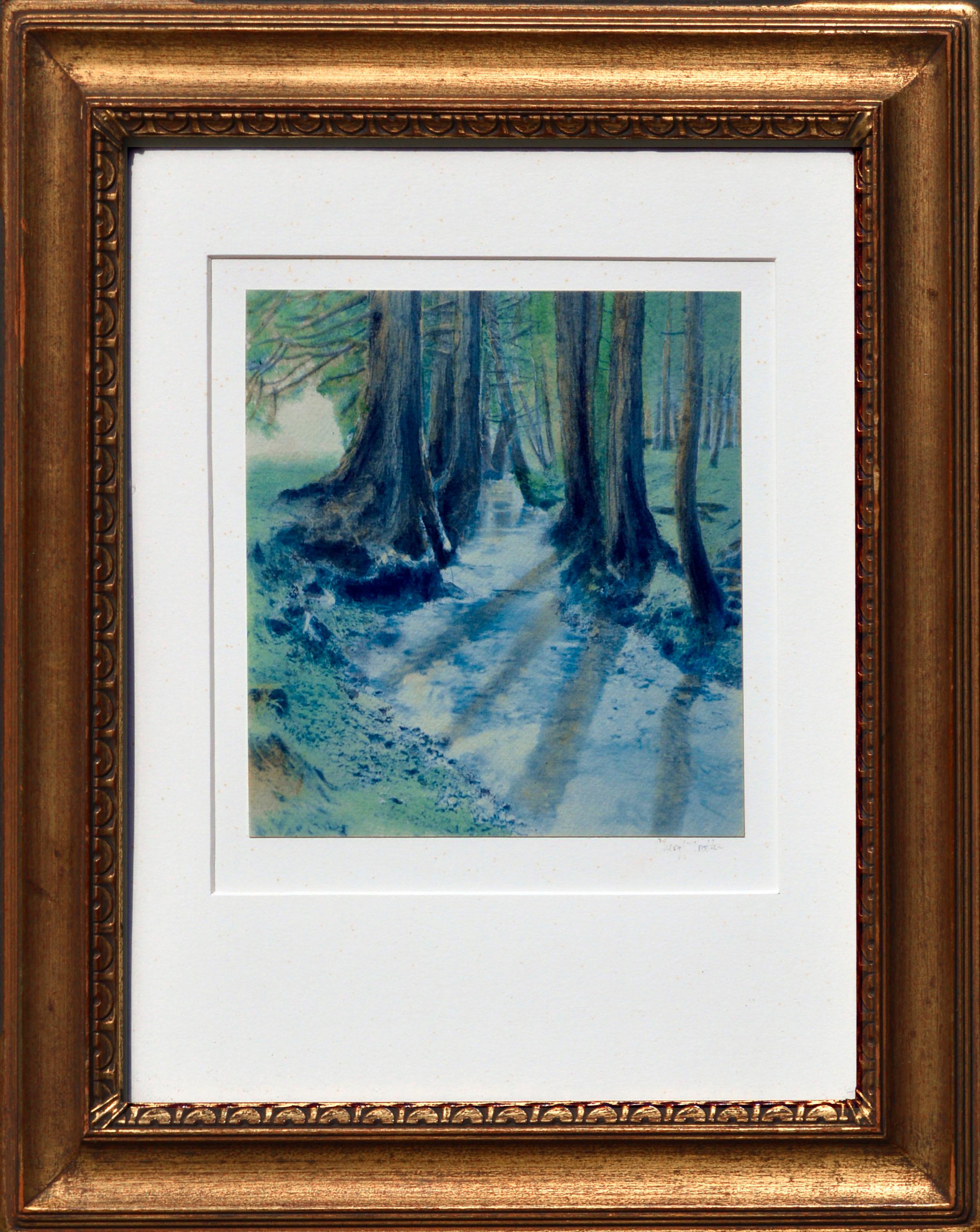 Cheryl Trotter Landscape Art - "Floating Shadows"  - Cyanotype / Watercolor Forest Landscape 