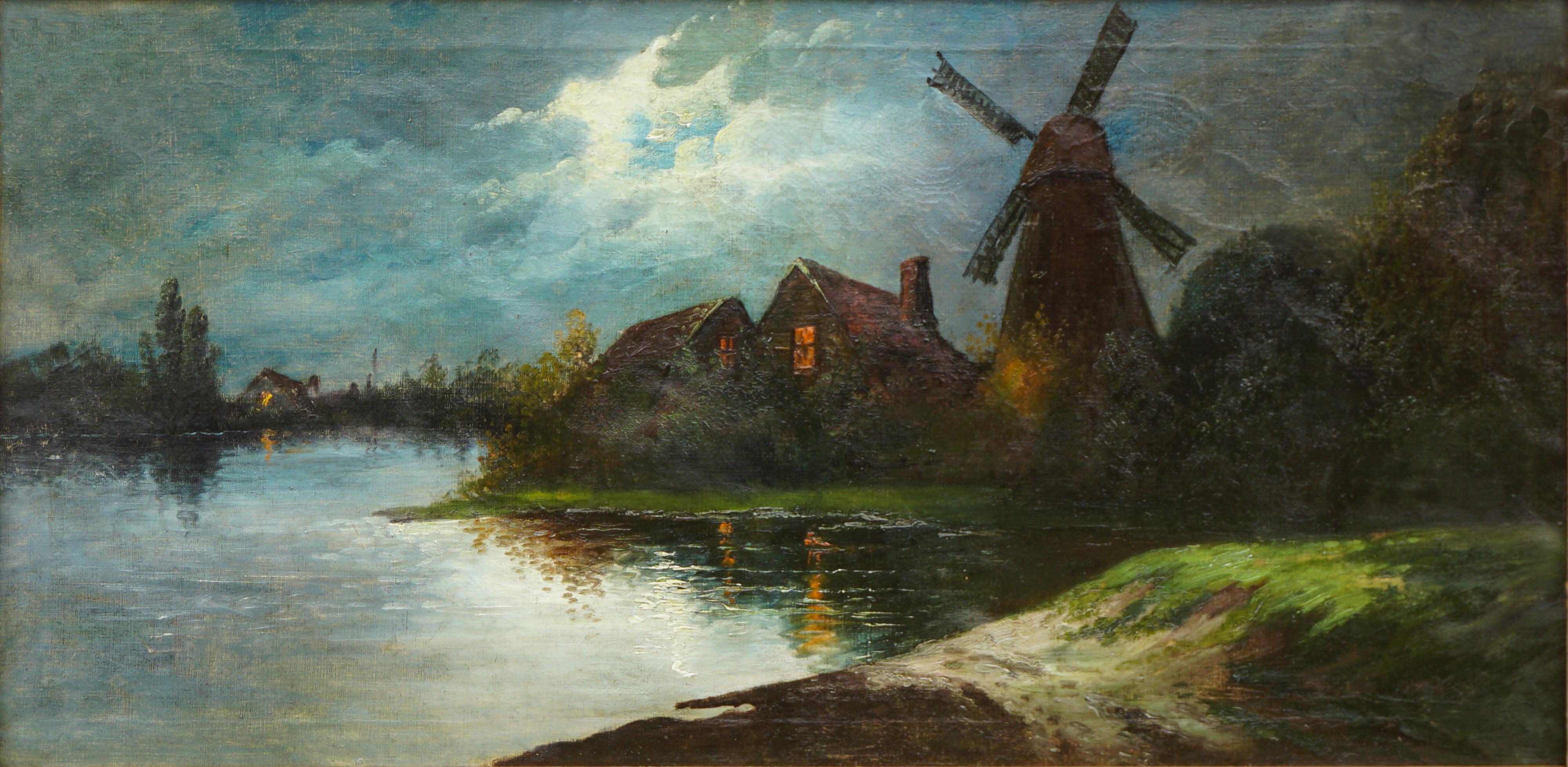 Late 19th Century Nocturnal Windmill Landscape - Painting by Unknown