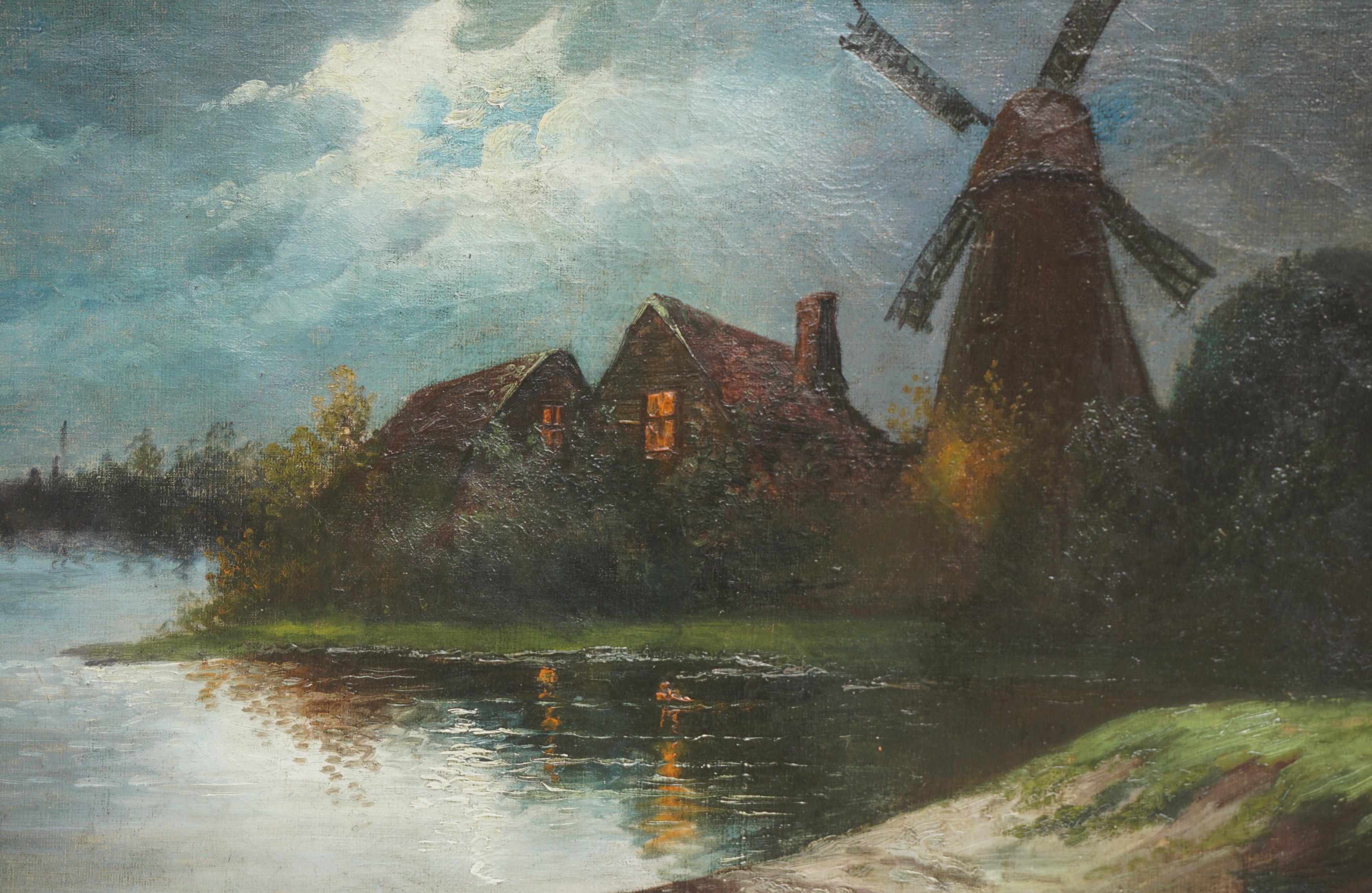 Late 19th Century Nocturnal Windmill Landscape - Impressionist Painting by Unknown