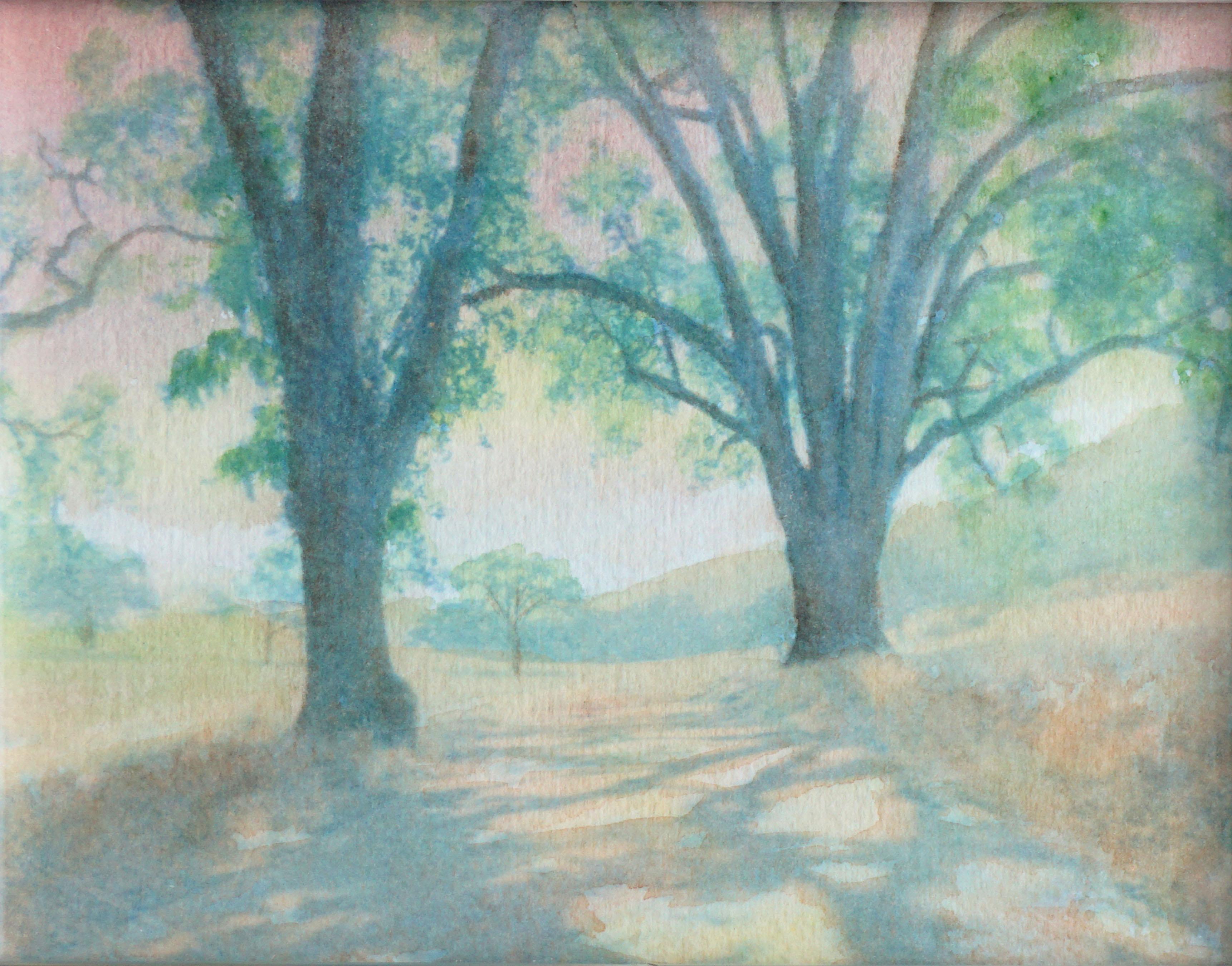 „Pathways – Rancho San Carlos“ – Kalifornische Bäume-Landschaft (Amerikanischer Impressionismus), Mixed Media Art, von Cheryl Trotter