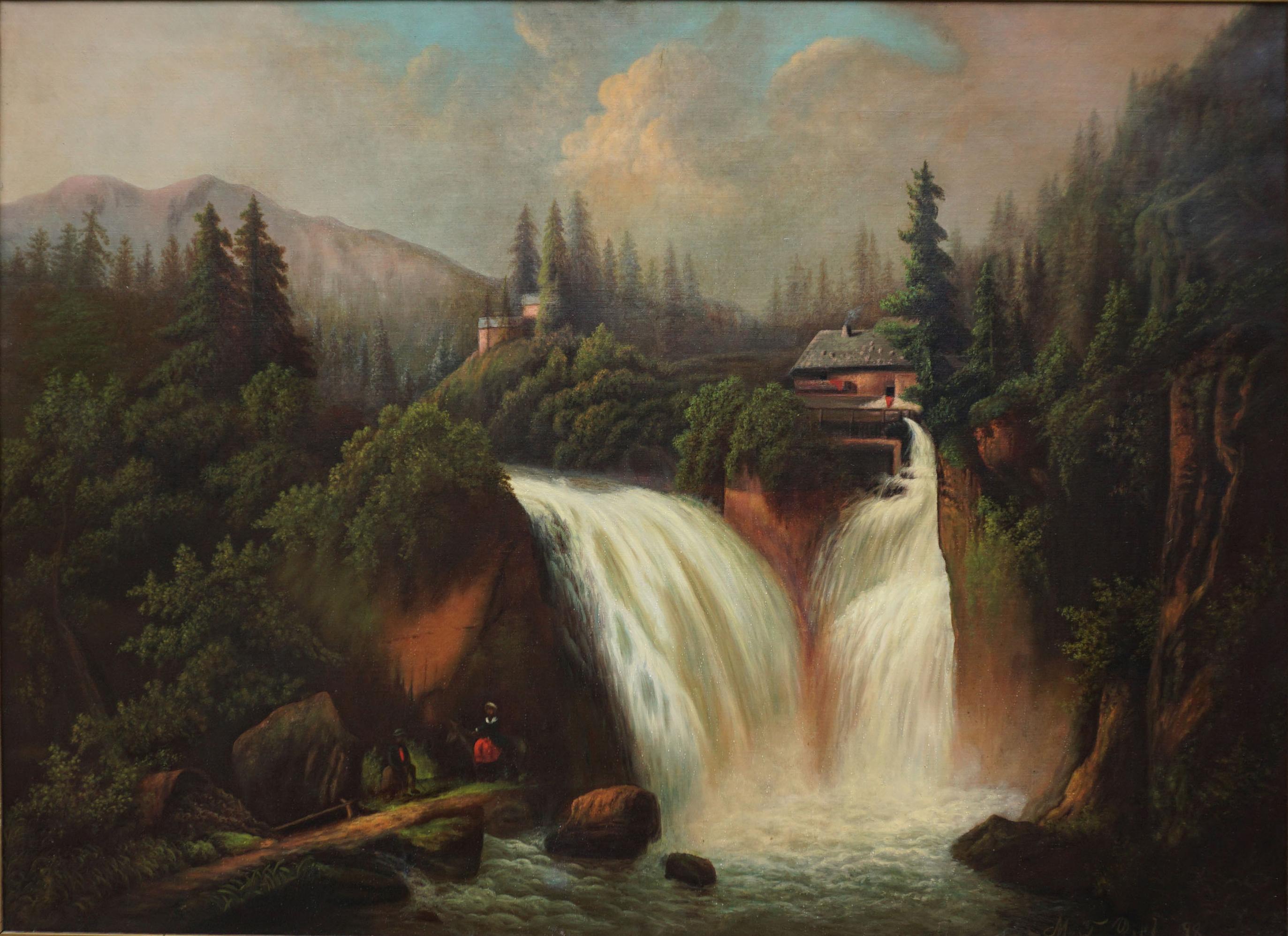 Hudson River School Wassermühle Landschaft – Painting von M. J. Zipf