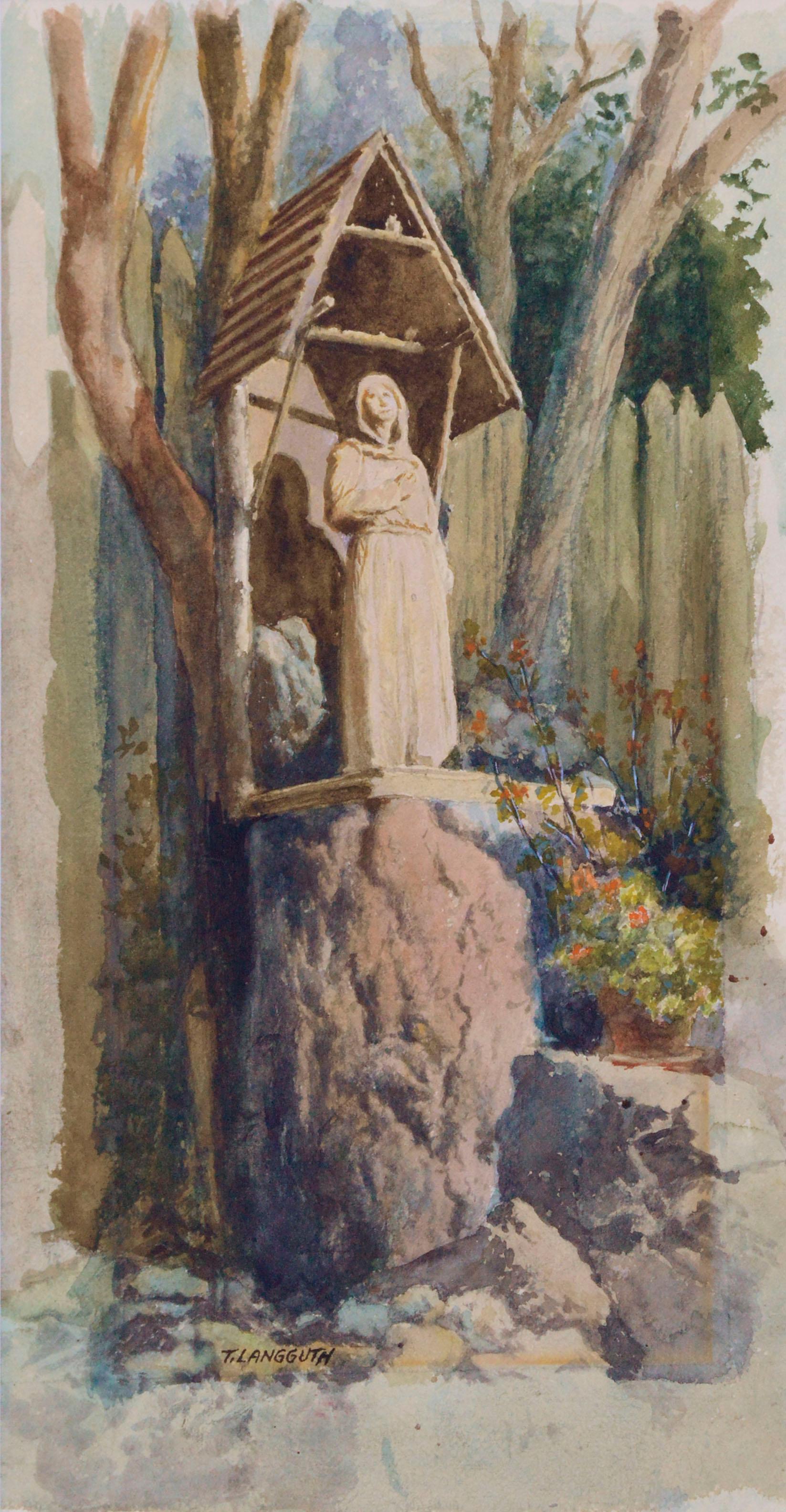 Statue of an Ascetic (The Hermit) - Figurative Landscape  - Painting by Theodore Ernest Langguth