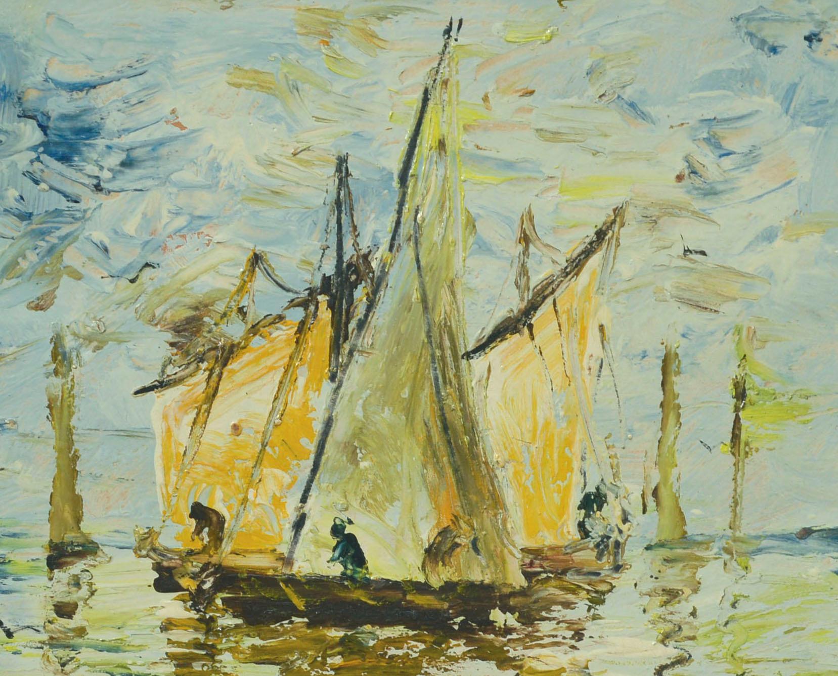 Paysage marin figuratif du milieu du siècle avec voiliers  - Post-impressionnisme Painting par Henryk Dzienczarski