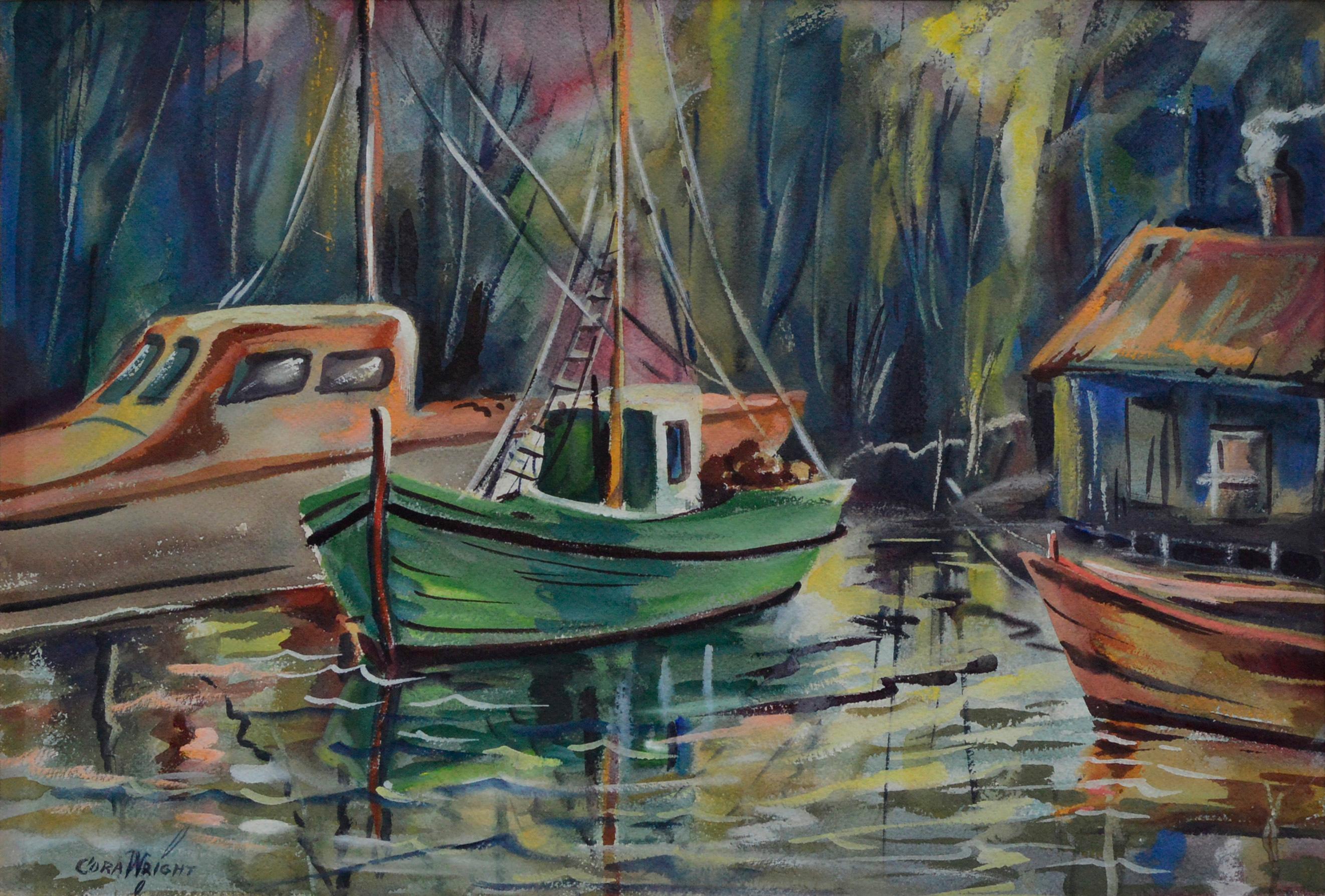Mid Century Fishing Boats Landscape - Painting by Cora Alice Akers Wright