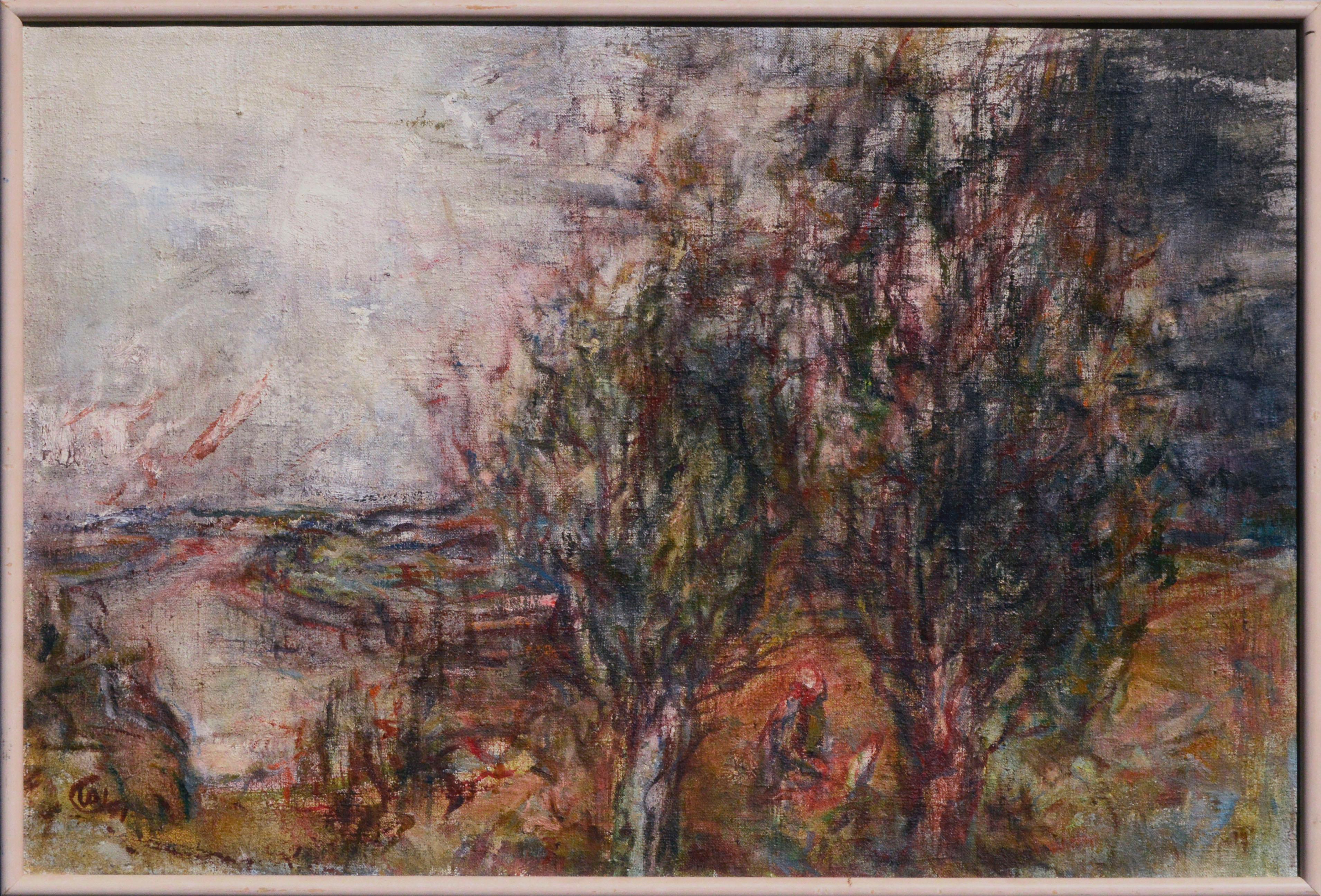 Paysage impressionniste d'une rivière à l'orée des bois par Yuri Gusev (russe, né en 1928). Il y a une figure agenouillée entre les arbres au premier plan. Présenté dans un cadre bronzé de couleur rose. 

Taille de l'image : 23.5 "H x 35.5 "W

Yuri