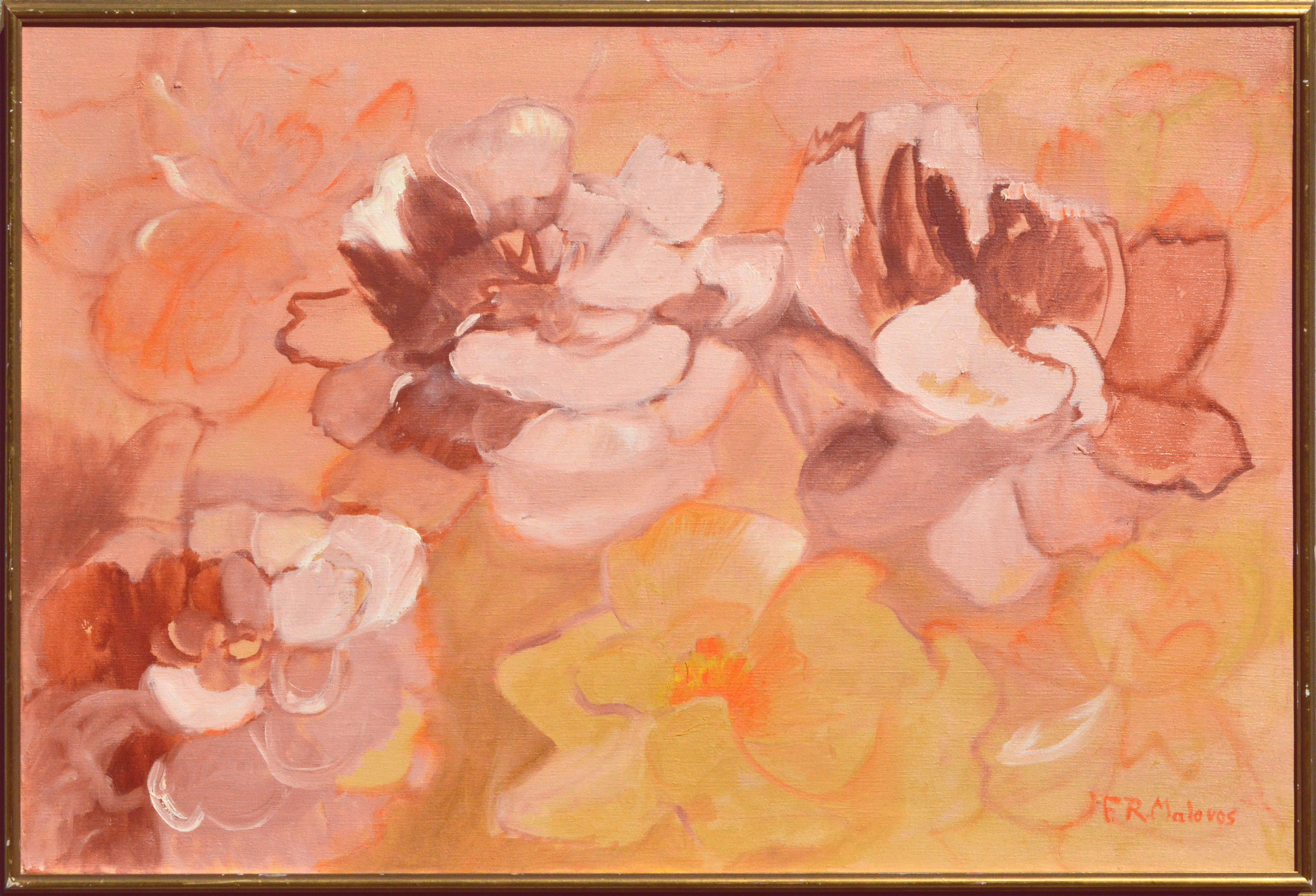 Frances Roberta Malovos Still-Life Painting - Mid Century Abstract Pink and Gold Poppies