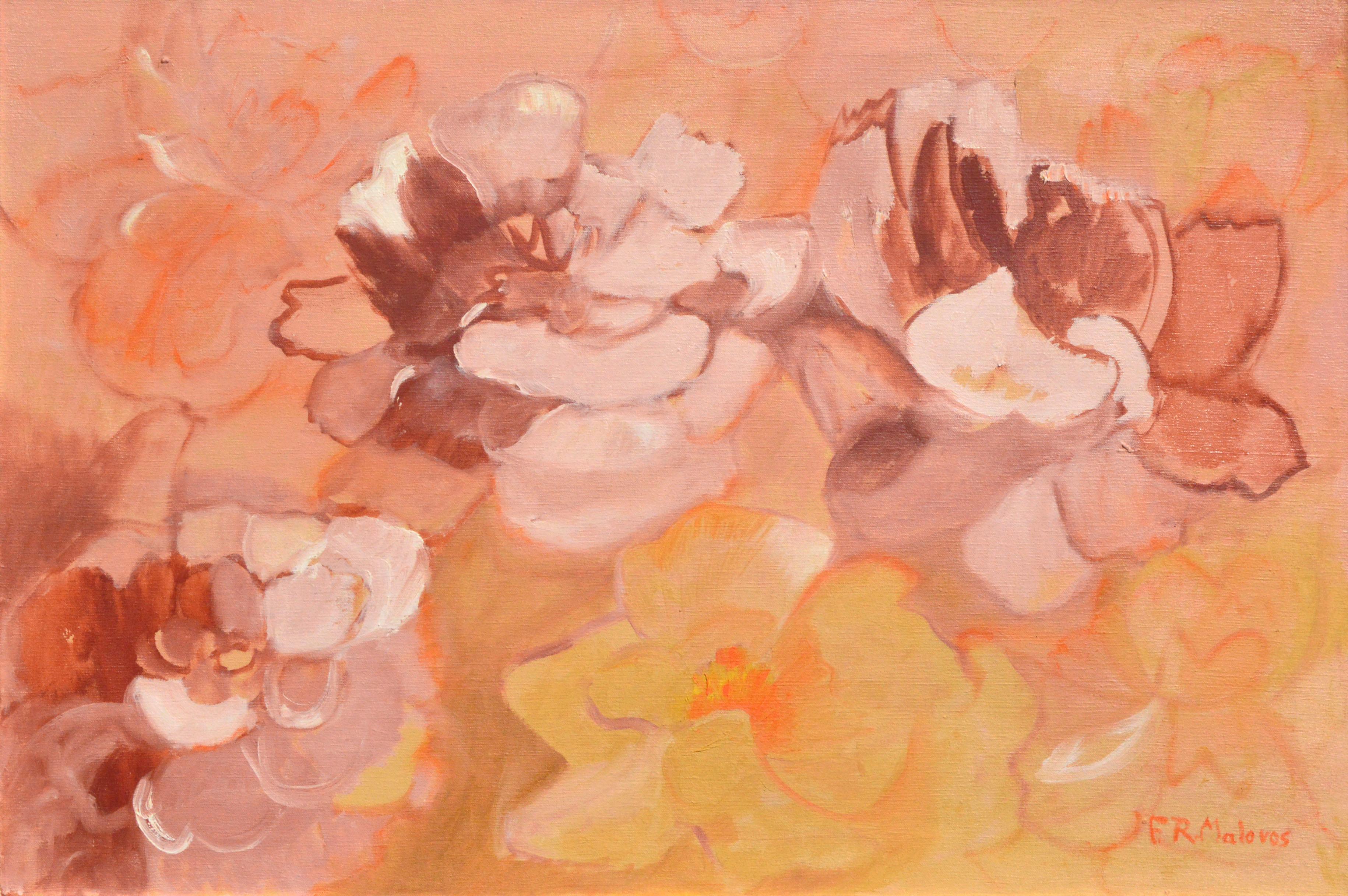 Mid Century Abstract Pink and Gold Poppies - Painting by Frances Roberta Malovos
