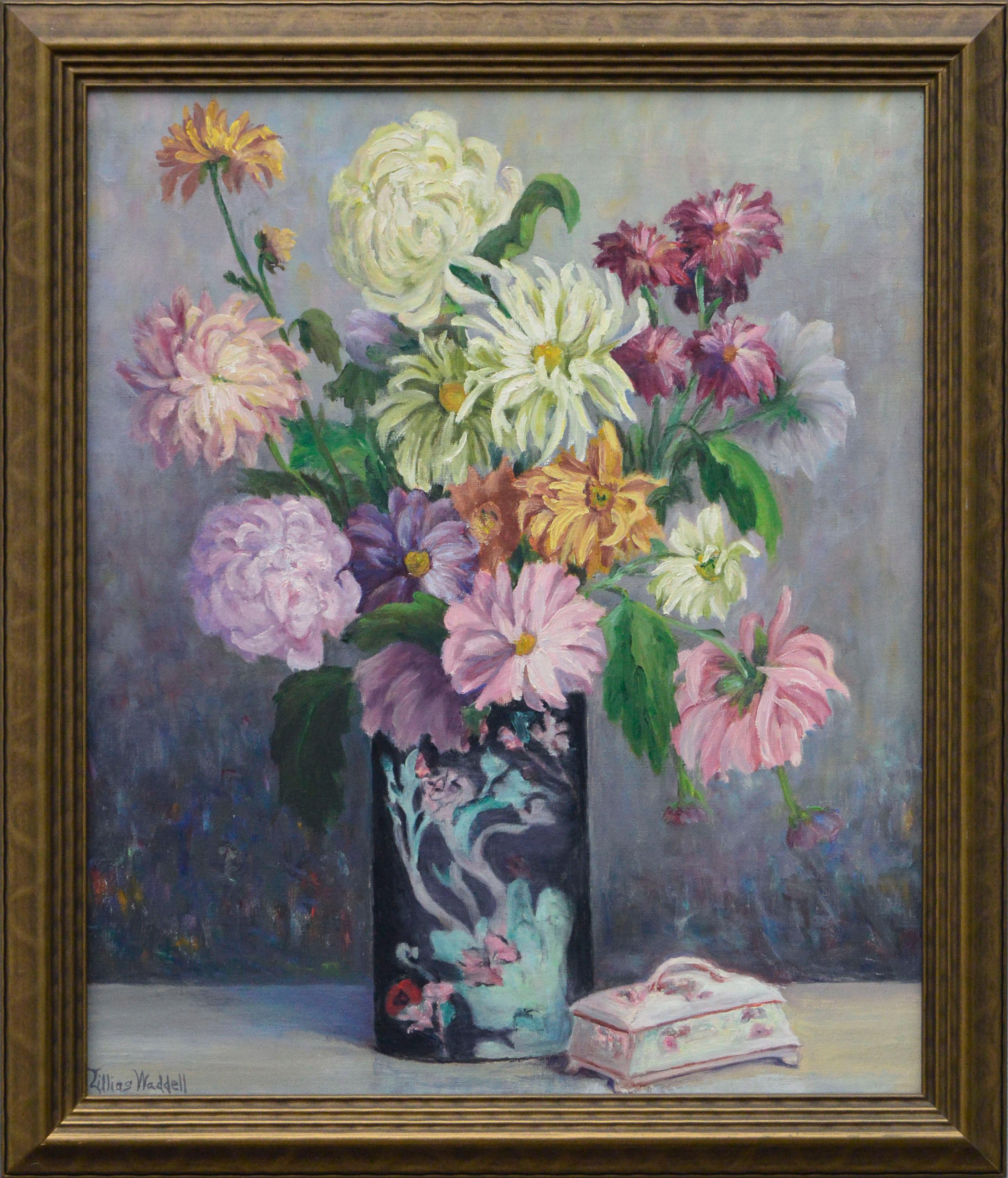 Interior Painting Lillias Waddell - Nature morte florale du milieu du siècle avec asters, chrysanthèmes et pivoines 