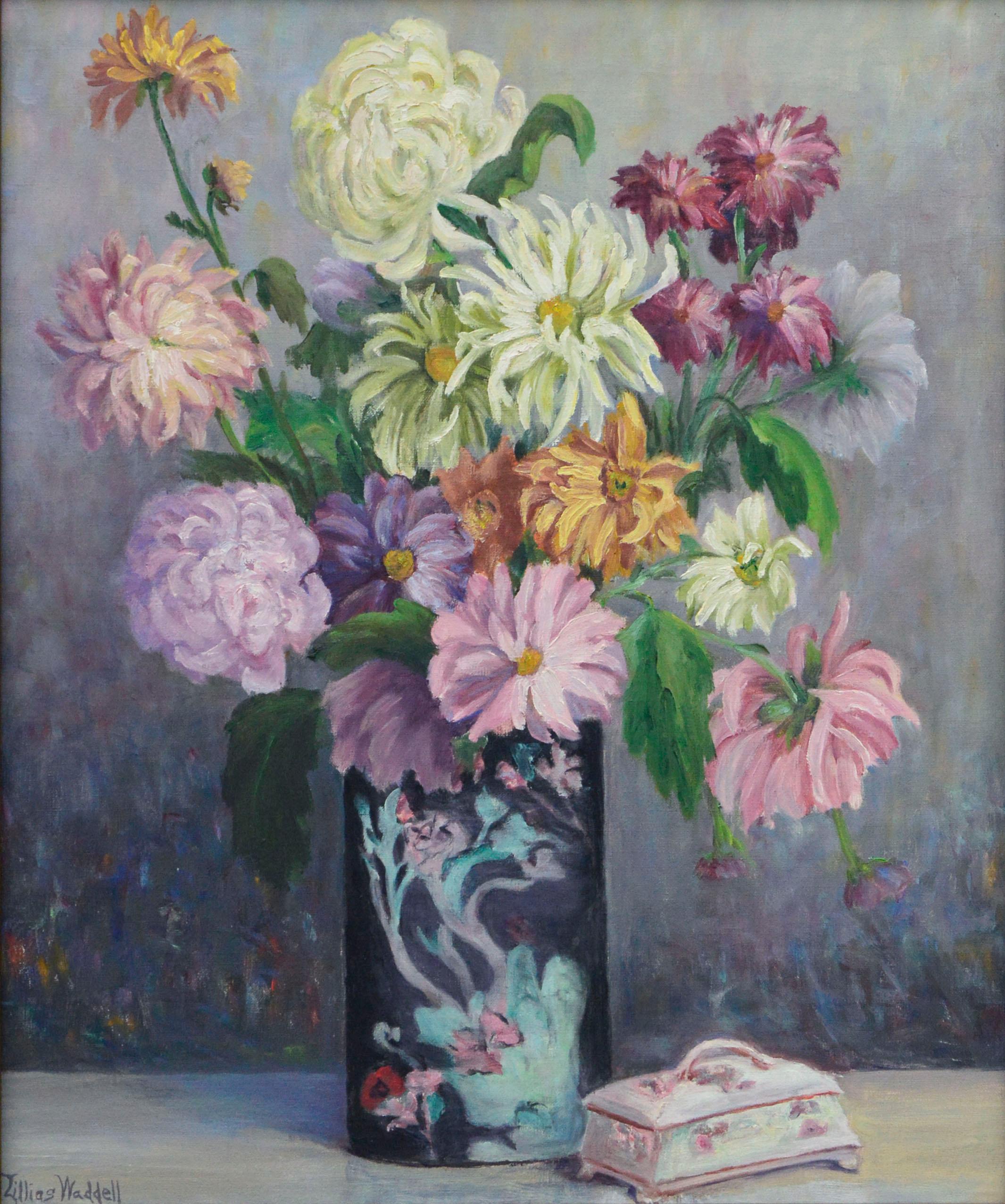 Nature morte florale du milieu du siècle avec asters, chrysanthèmes et pivoines  - Painting de Lillias Waddell