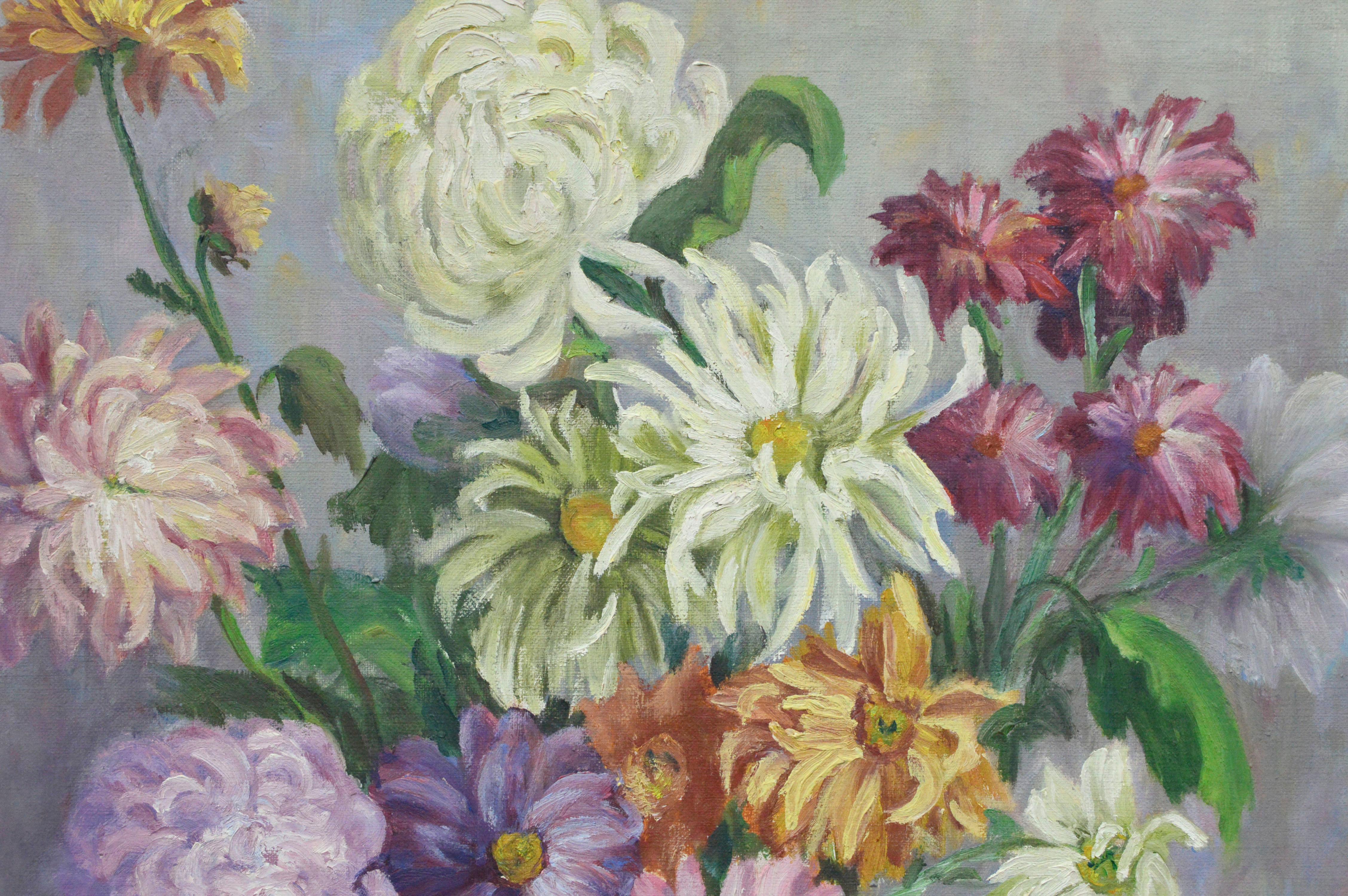 Nature morte florale du milieu du siècle avec asters, chrysanthèmes et pivoines  - Impressionnisme américain Painting par Lillias Waddell