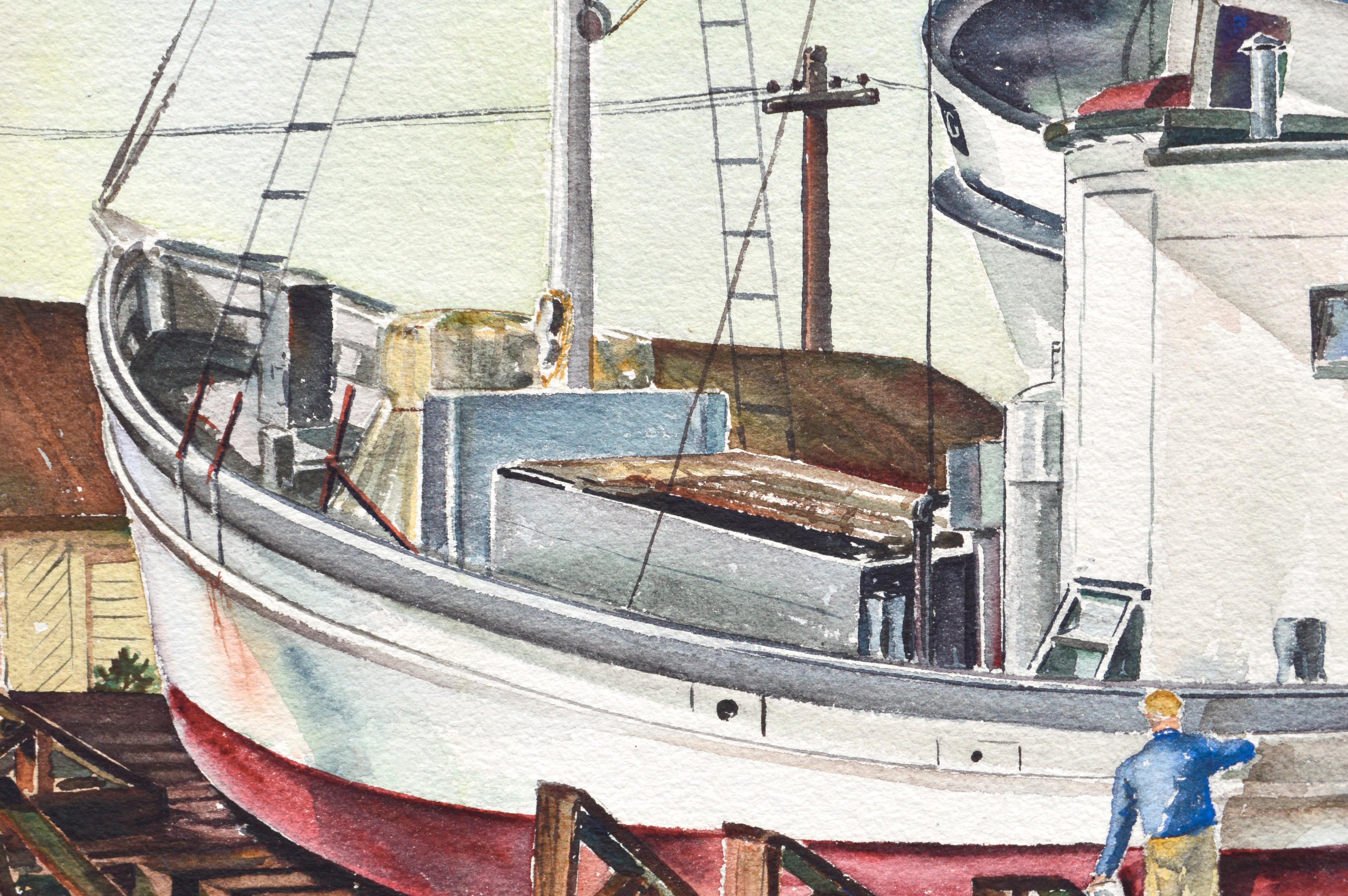 Highly detailed watercolor of a boat in drydock being refurbished, by Joe Yeager (American, 20th Century). Yeager's skills as a technical artist are prominently on display in the rigging and mechanical aspects of the boats. Signed and dated by the