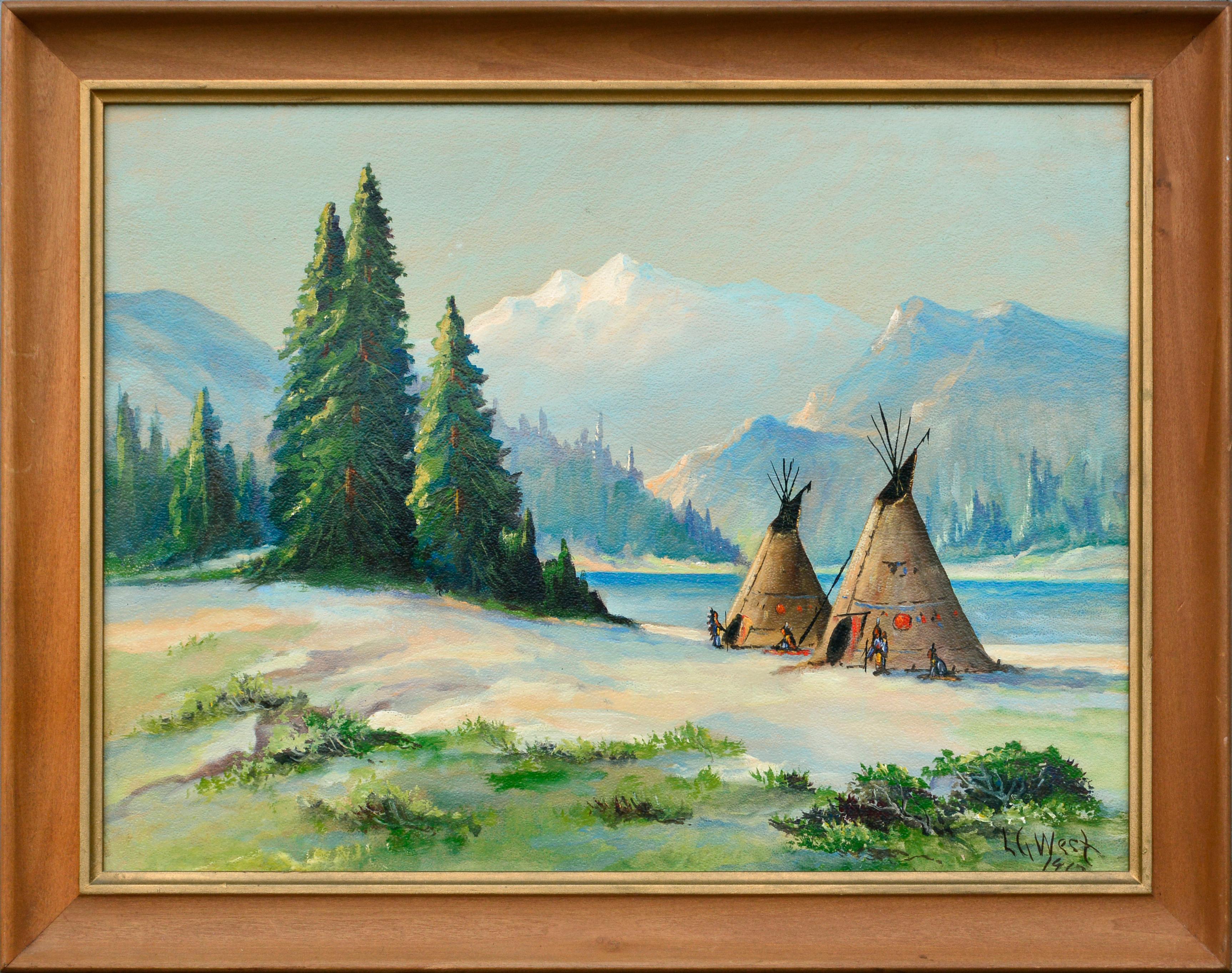 L. G. West Landscape Painting - Native American Camp by the Lake - Landscape